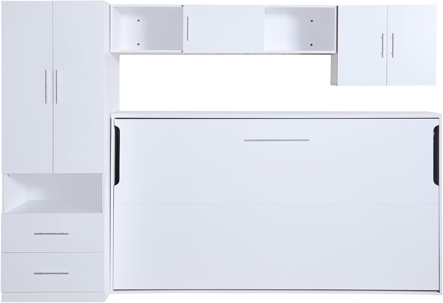 Twin Size Murphy Bed with Open Shelves and Storage Drawers,Built-in Wardrobe and Table, White