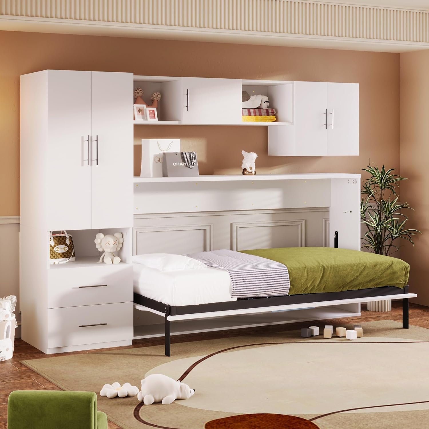 Harper  Bright Designs Twin Murphy Bed with Wardrobe, Storage Shelves and Drawers, Built-in Table, Space-Saving Murphy Bed Cabinet for Guest Room Home Office (White)