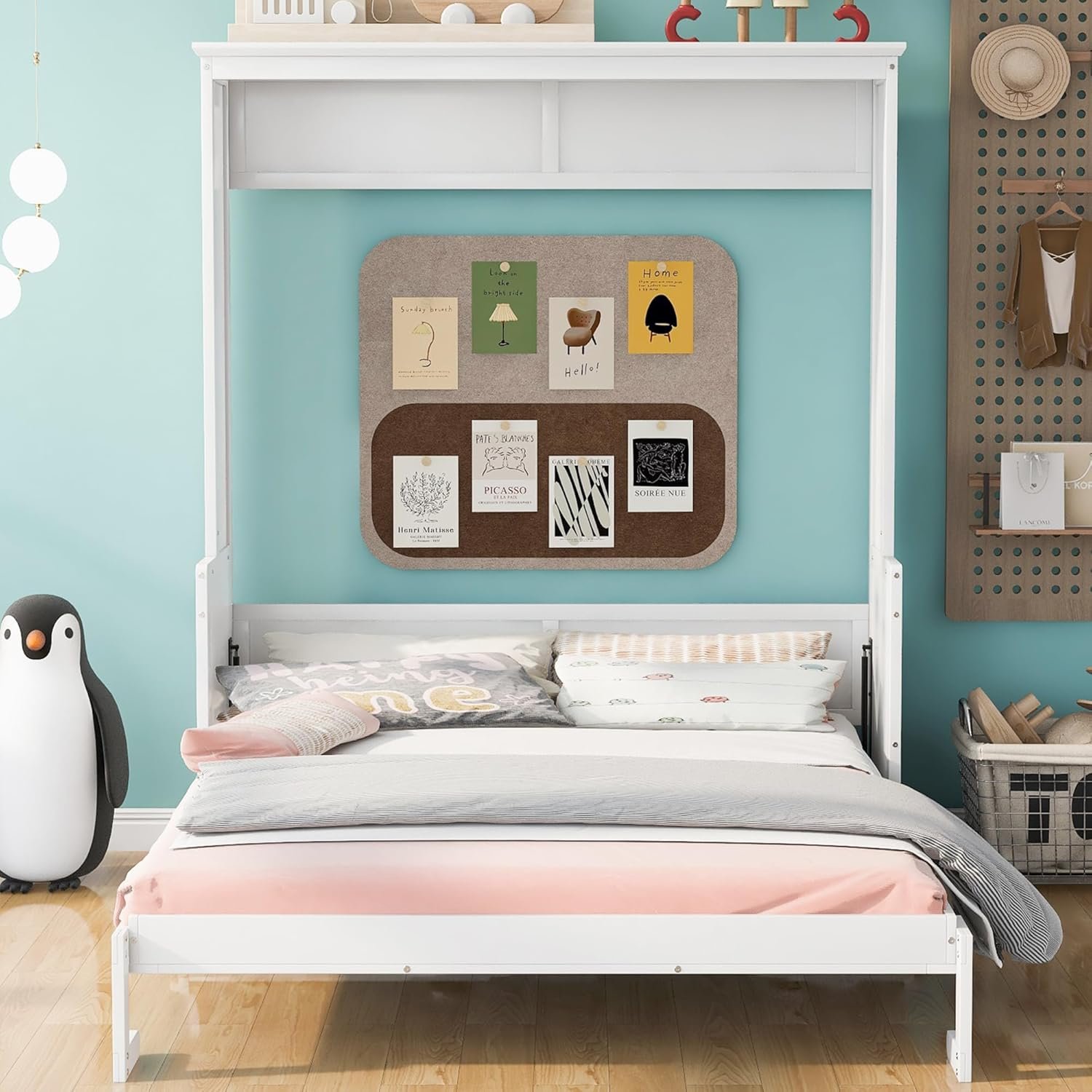 Queen Murphy Bed with a Shelf, Space-Saving Wall Cabinet Bedframe, for Multipurpose Guest Room Bedroom Office, Queen Size, White