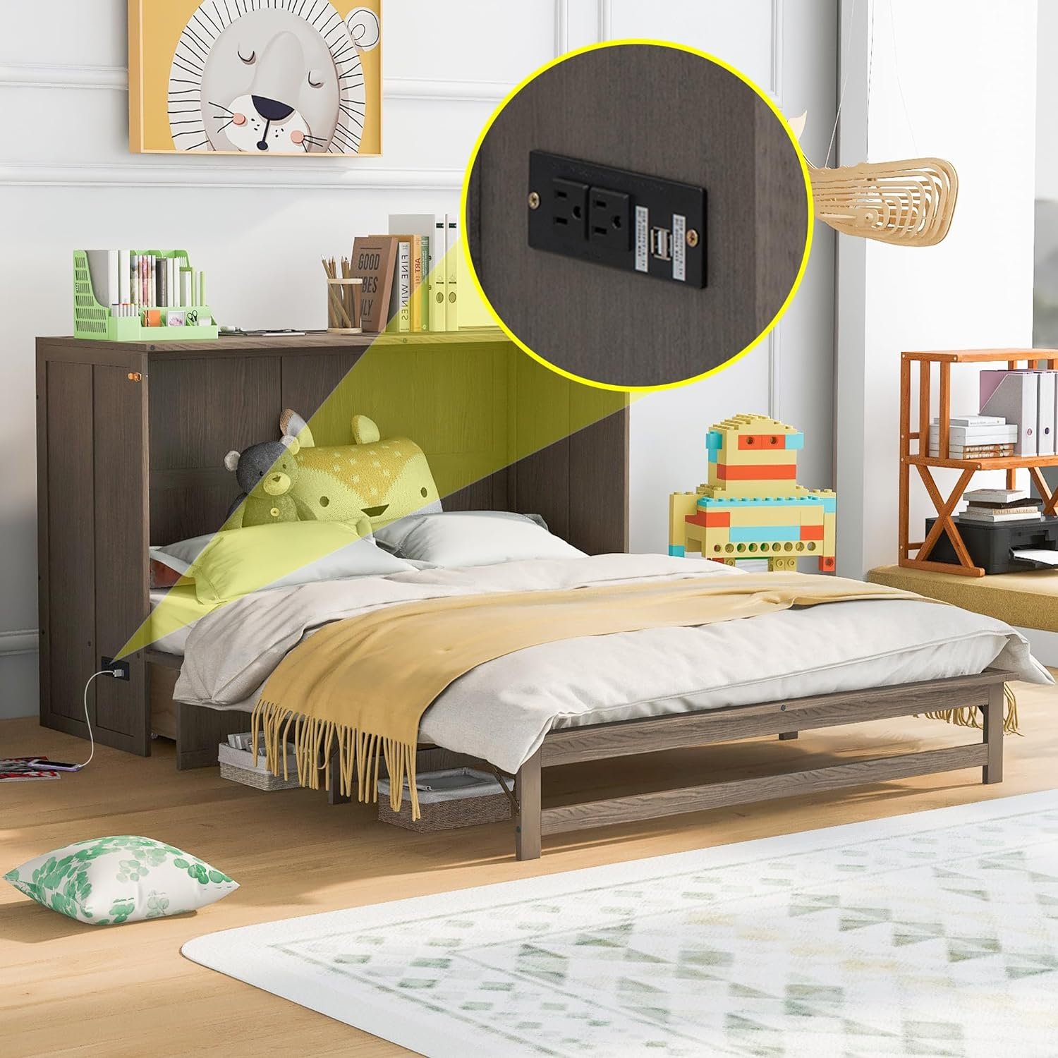 Queen Size Murphy Bed with Rotatable Desk,3 in 1 Floor Bed Frame with Cabinet  Workstation Murphy Bed Cabinet Bed Queen Hidden Murphy beds Murphy Cube Cabinet Bed for Bedroom（Grey）