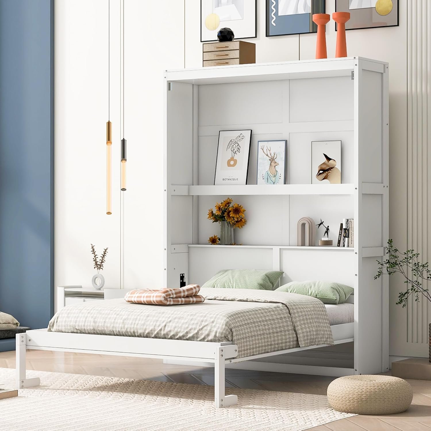 SOFTSEA Full Size Murphy Bed, Horizontal Folding Bed Frame with Storage Shelves, Wall Bed Frame Full Size, Solid Wood Murphy Bed for Small Place, Space-Saving, White