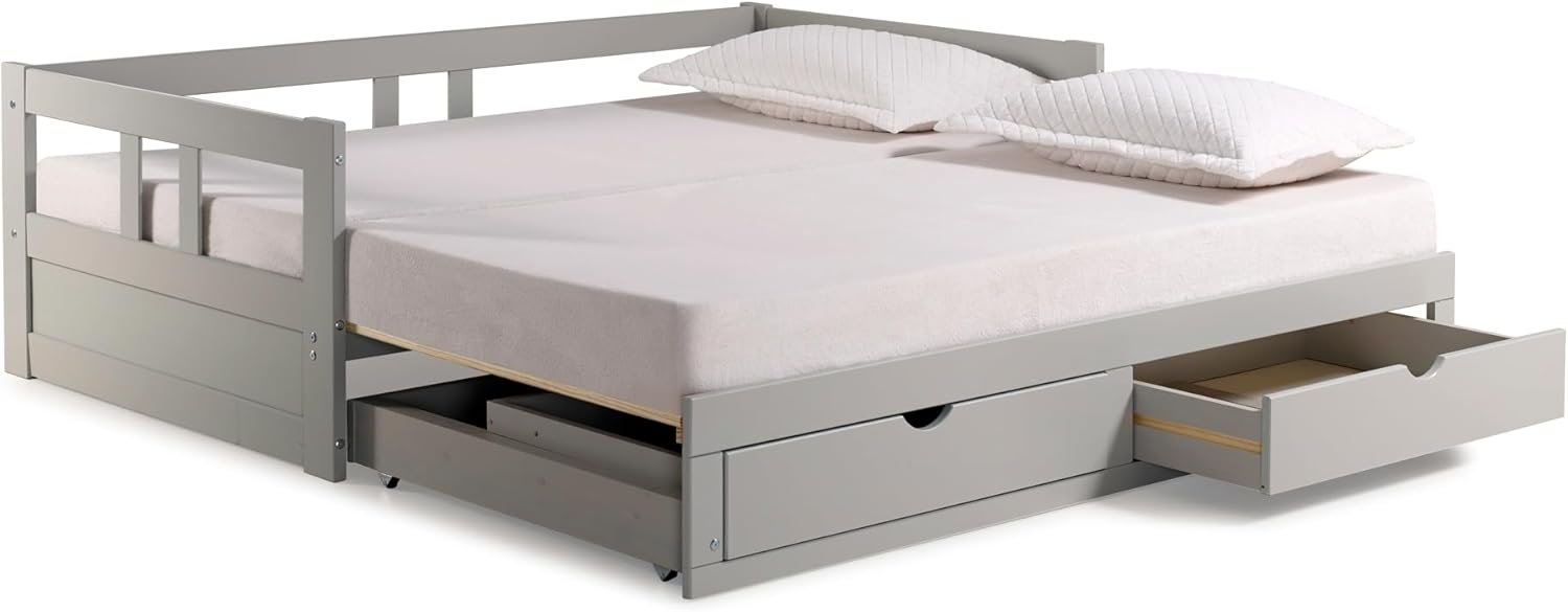 Alaterre Furniture Melody Extendable Brazilian Pine Twin to King Daybed with Trundle and Storage Drawers, for Childrens/Youth/Kids/Guest Bedroom Furniture, 400 Pound Capacity, Dove Gray