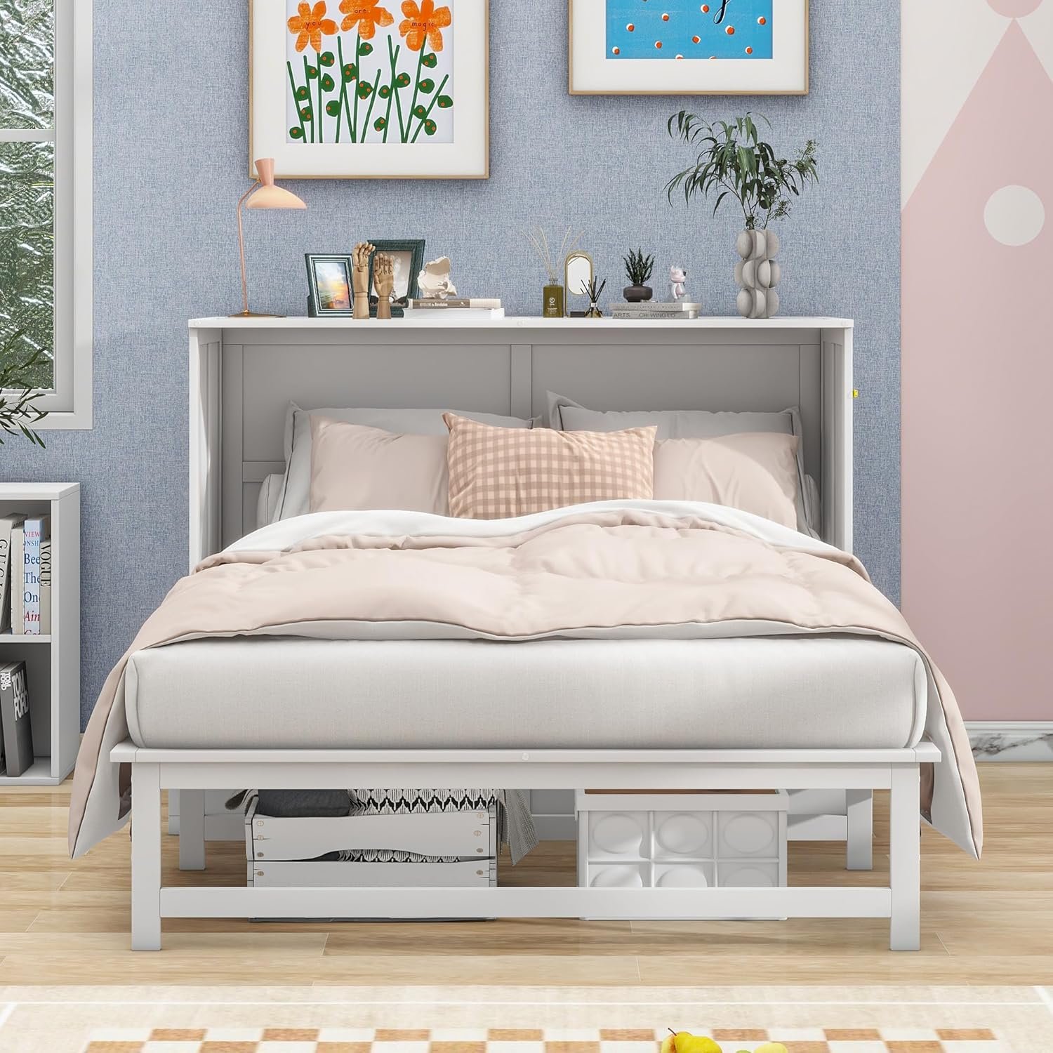 BOVZA Queen Murphy Bed Chest with Charging Station, Wood Murphy Cube Cabinet Bed with a Shelf/Desk for Guest Room or Home Office, White