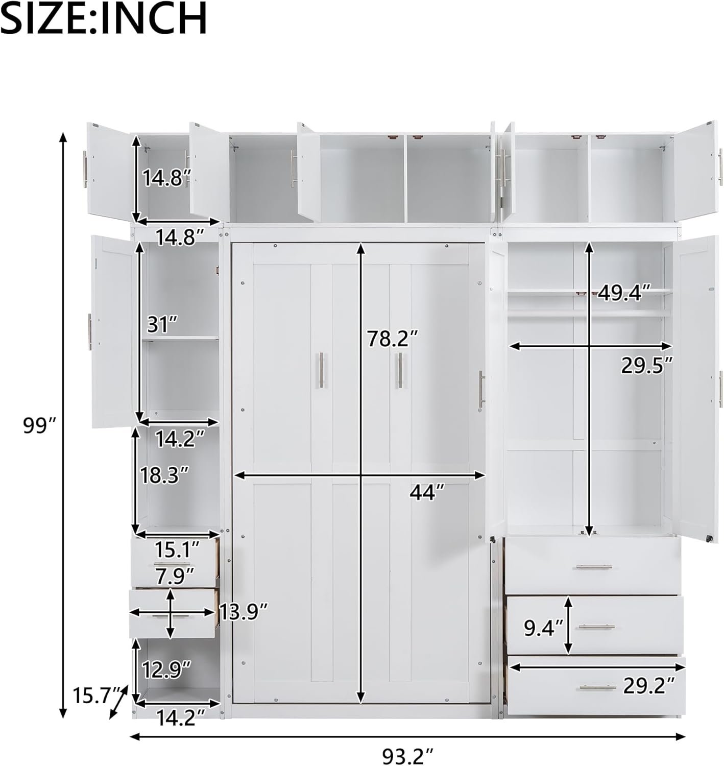 LZ LEISURE ZONE Twin Size Murphy Bed with Open Shelves and Storage Drawers, Built-in Wardrobe and Table, White