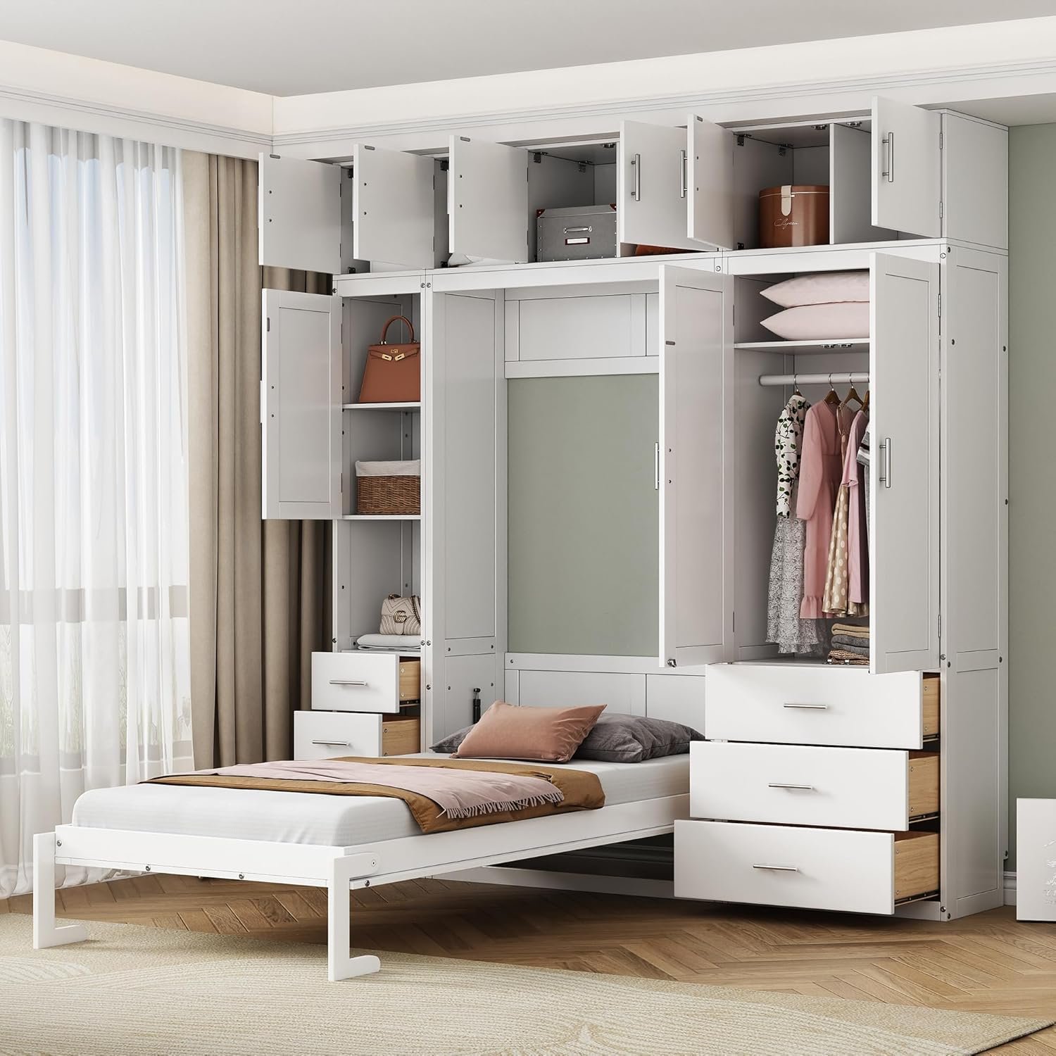 LZ LEISURE ZONE Twin Size Murphy Bed with Open Shelves and Storage Drawers, Built-in Wardrobe and Table, White