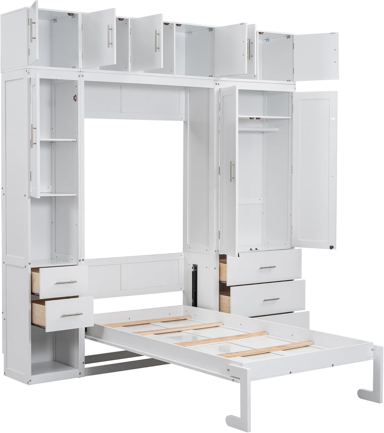 LZ LEISURE ZONE Twin Size Murphy Bed with Open Shelves and Storage Drawers, Built-in Wardrobe and Table, White
