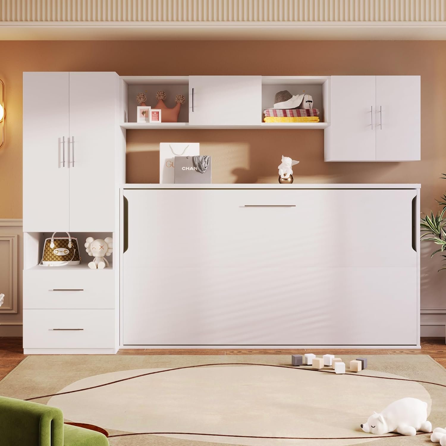 LZ LEISURE ZONE Twin Size Murphy Bed with Open Shelves and Storage Drawers, Built-in Wardrobe and Table, White