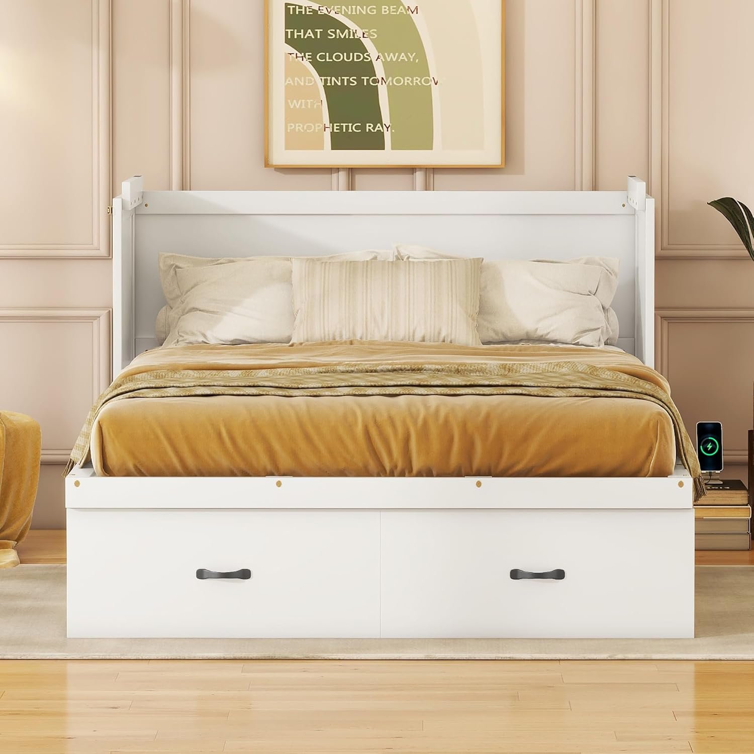 Modern Full Size Murphy Bed with USB Port and a Large Storage Drawer, Solid Wood Cube Cabinet Bed for Bedrooms, Apartments, Guest Rooms, Offices (White/Murphy Bed1)