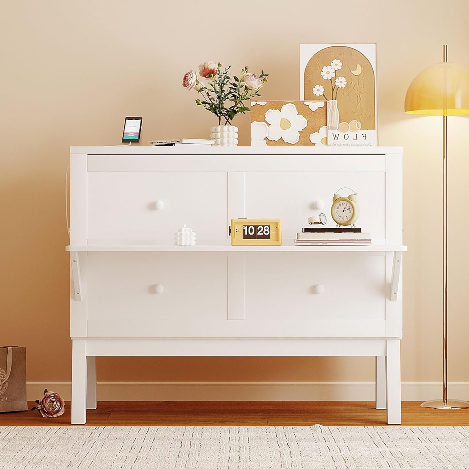 ATY Full Size Murphy Bed with Removable Shelves on Each Side, Wood Platform Bedframe w/USB Port, Can Change into Cabinet, Save Space Design, for Bedroom, Apartments. Studio, No Spring Needed, White