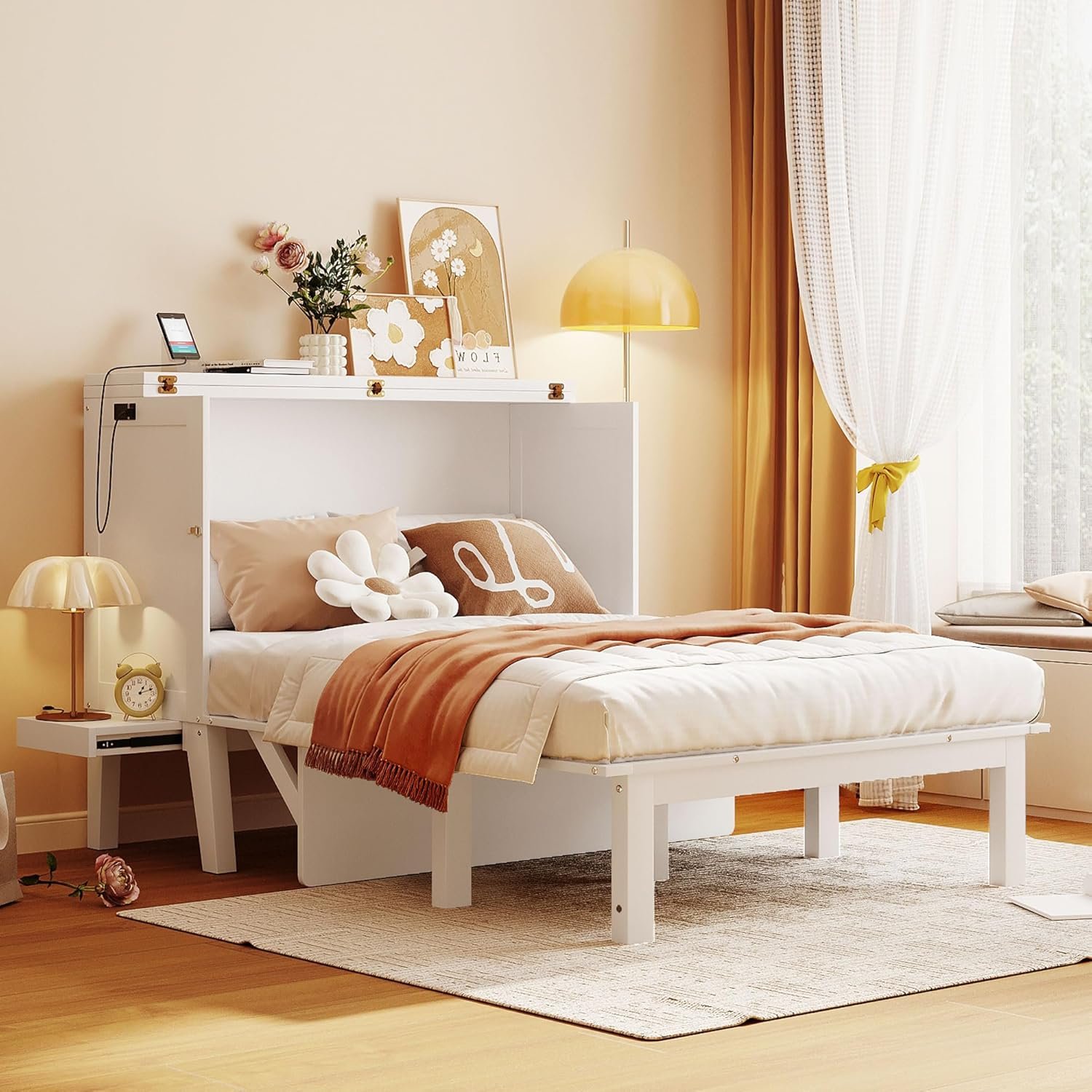 ATY Full Size Murphy Bed with Removable Shelves on Each Side, Wood Platform Bedframe w/USB Port, Can Change into Cabinet, Save Space Design, for Bedroom, Apartments. Studio, No Spring Needed, White