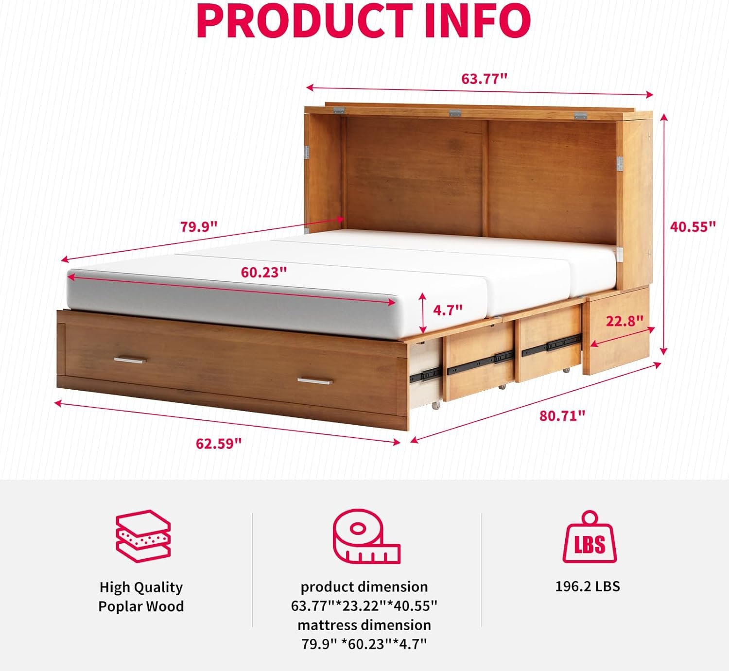 MUZZ Queen Size Murphy Cabinet Bed with Memory Foam Mattress, Charging Station and Large Drawer (Queen, Cherry)