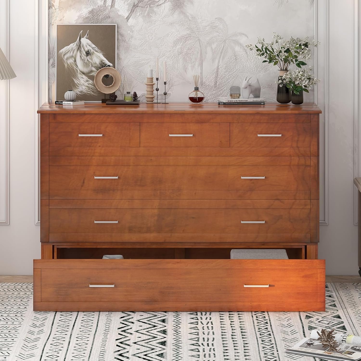 MUZZ Queen Size Murphy Cabinet Bed with Memory Foam Mattress, Charging Station and Large Drawer (Queen, Cherry)