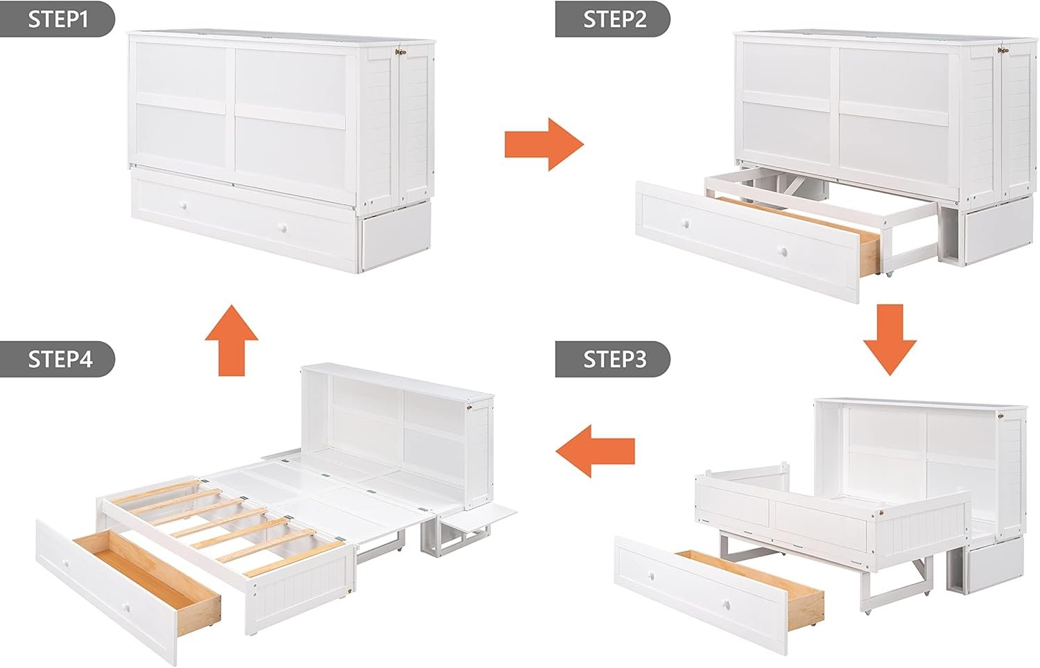 SOFTSEA Queen Cube Cabinet Bed with Drawers and Side Shelves Modern Murphy Bed Foldable Platform Bed Frame for Guest Room or Home Office