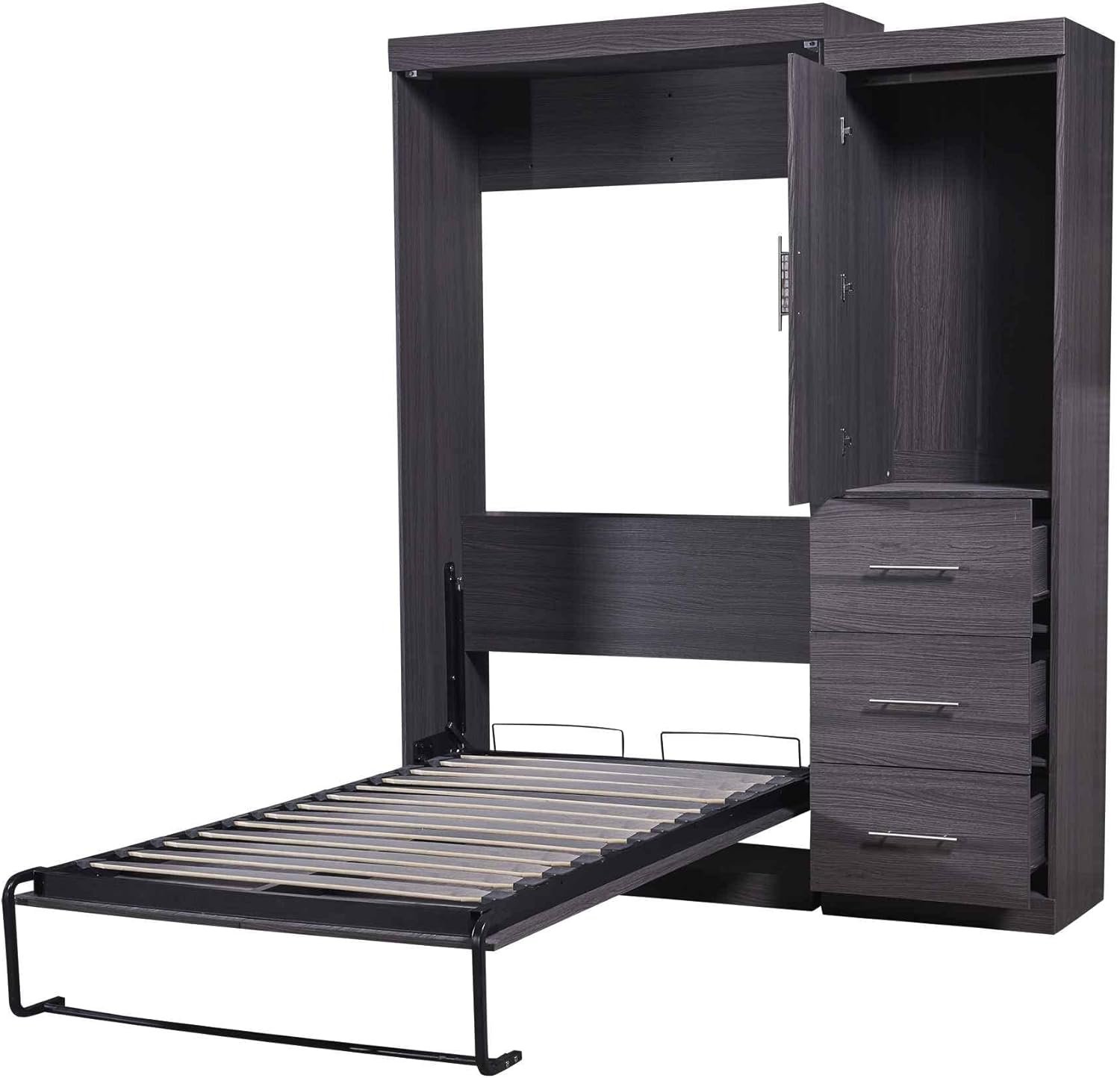ATY Twin Size Murphy Bed with Wardrobe and Drawers, Wood Storage Bedframe Can be Folded into a Cabinet, Bedroom Furniture, Save Space Design, No Box Spring Required, Gray