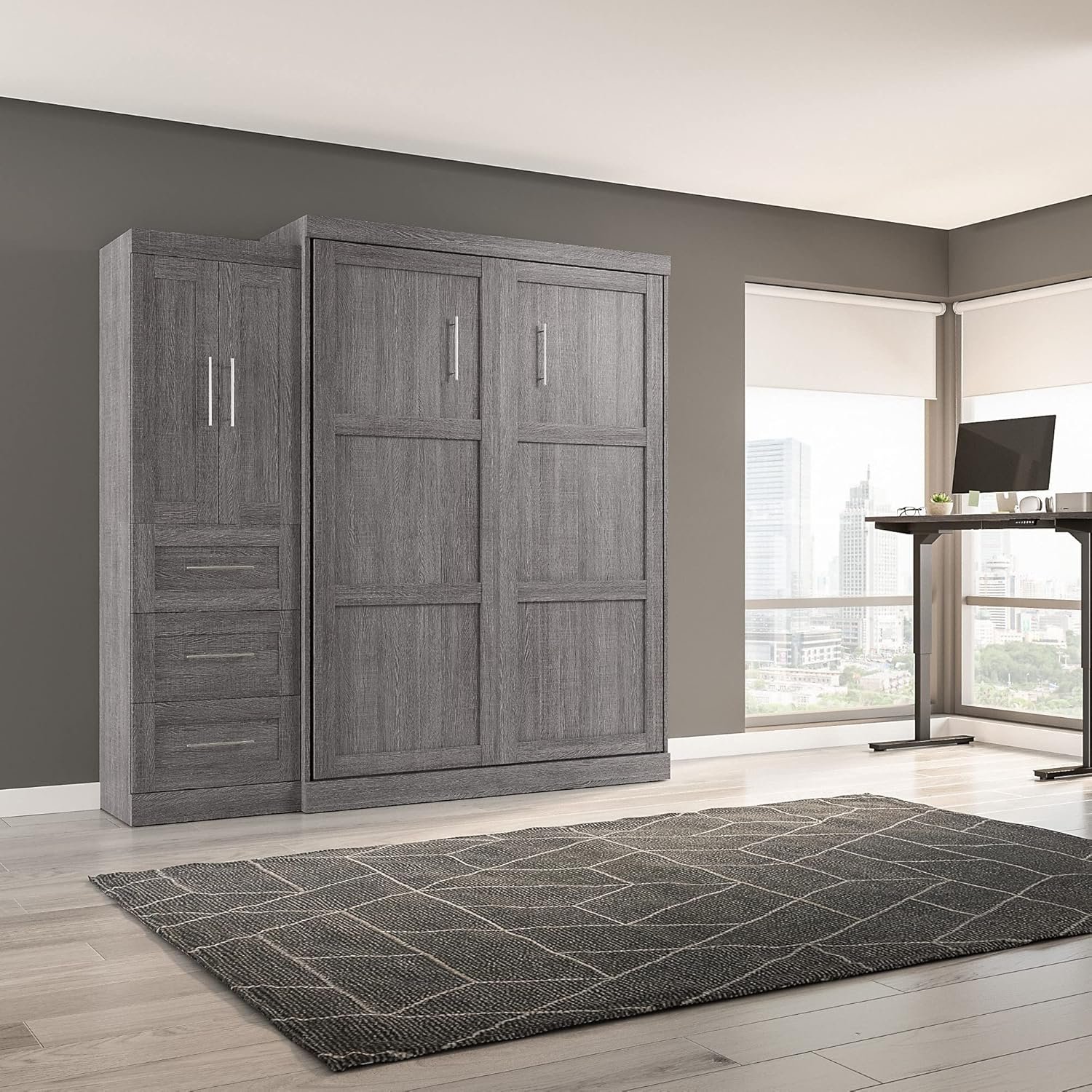 Bestar Pur Full Size Murphy Bed with Shelving Unit (84W) in White, Space-Saving Sleeping Arrangement for Multipurpose Bedroom