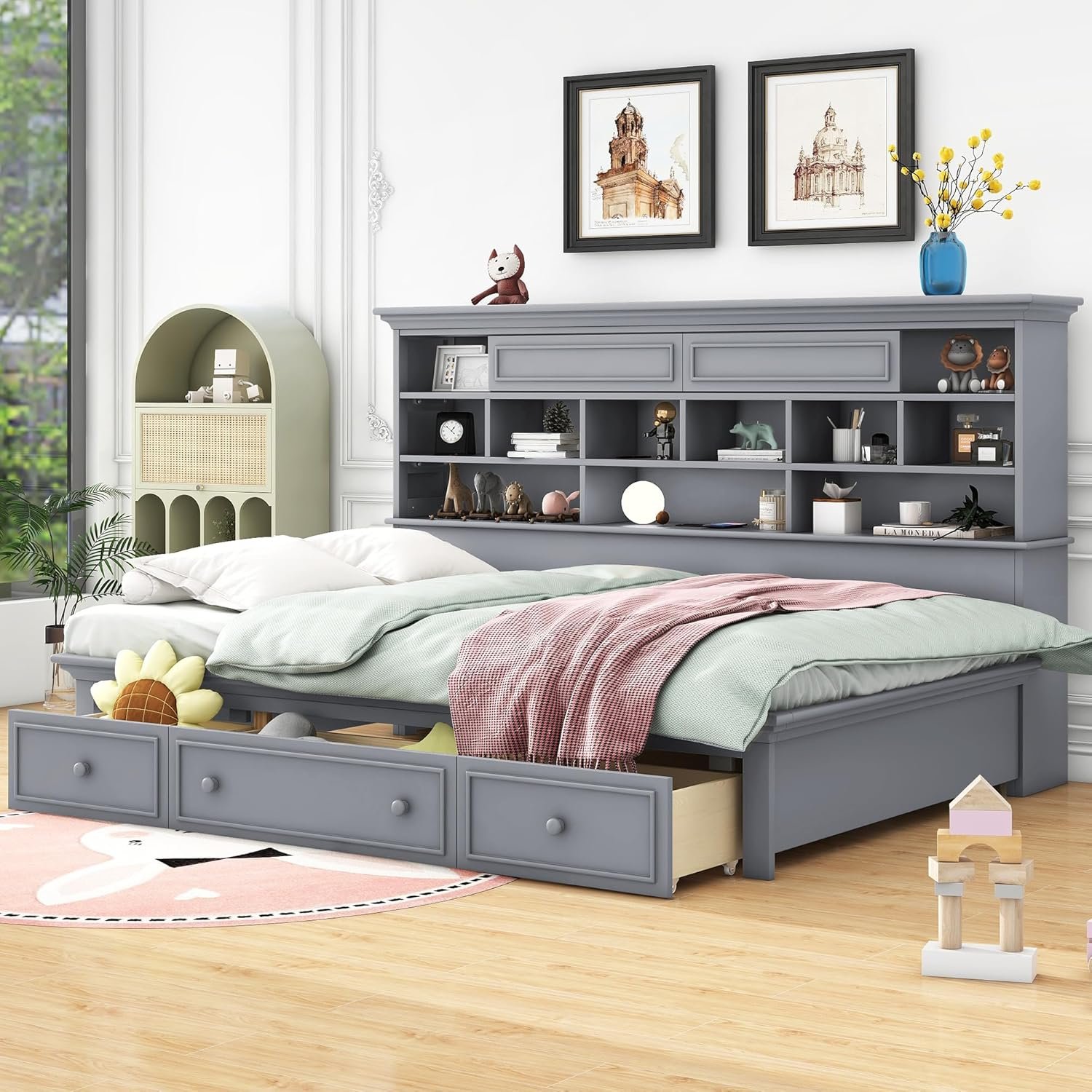 BIADNBZ Twin Size Daybed with Multi-Storage Shelves and Drawers,Wooden BedFrame with Charging Station for Bedroom,Gray
