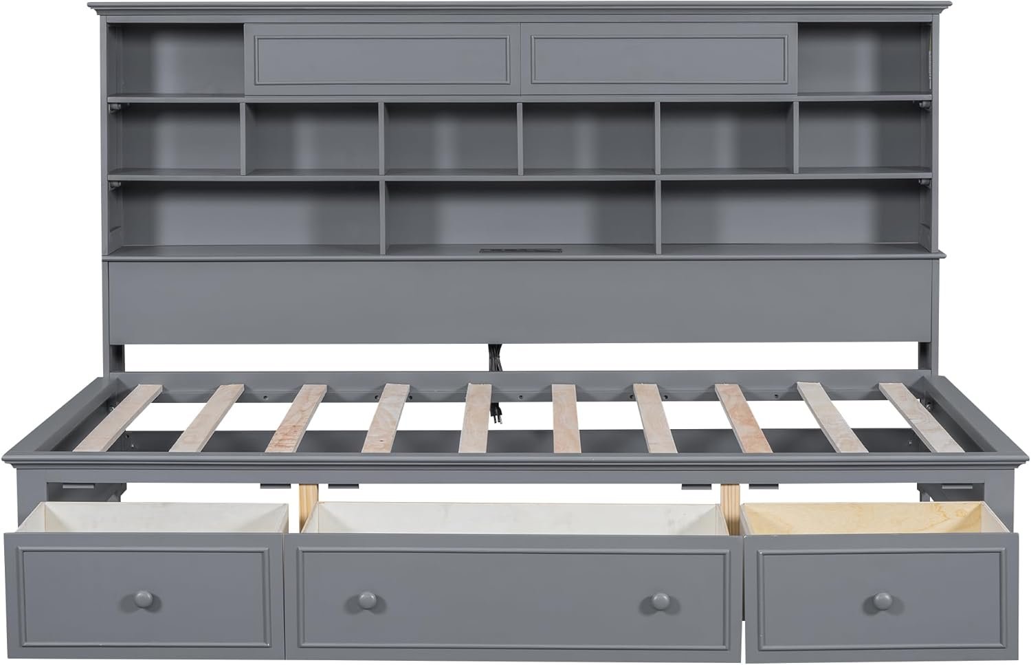 BIADNBZ Twin Size Daybed with Multi-Storage Shelves and Drawers,Wooden BedFrame with Charging Station for Bedroom,Gray