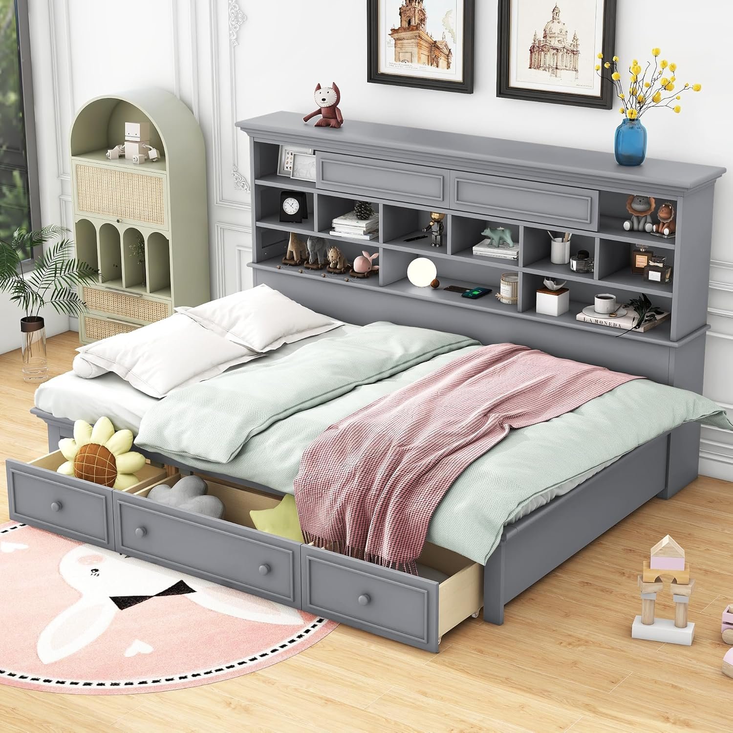 BIADNBZ Twin Size Daybed with Multi-Storage Shelves and Drawers,Wooden BedFrame with Charging Station for Bedroom,Gray