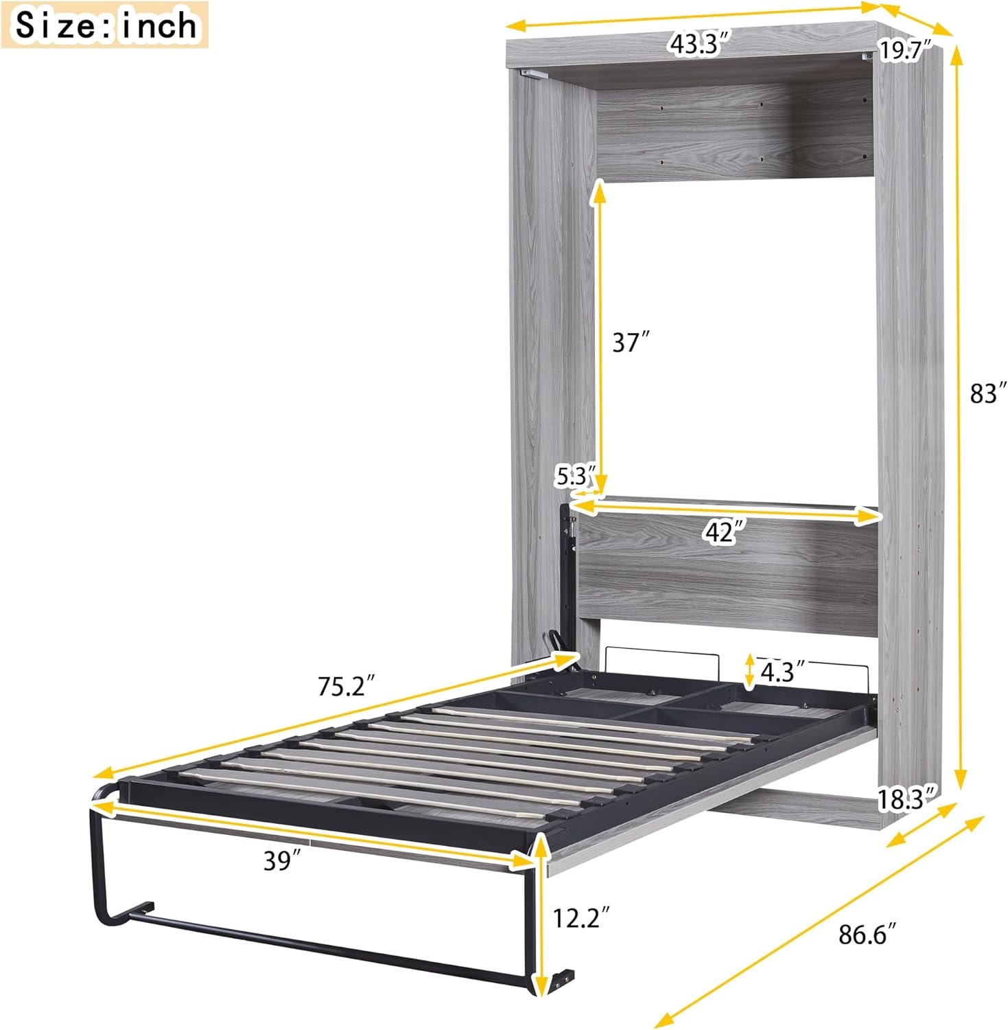 Harper  Bright Designs Twin Size Murphy Bed Frame, Modern Wall Bed Can Be Folded into a Cabinet, Twin Murphy Bed Frame for Bedroom, Living Room or Home Office (Twin, Gray)