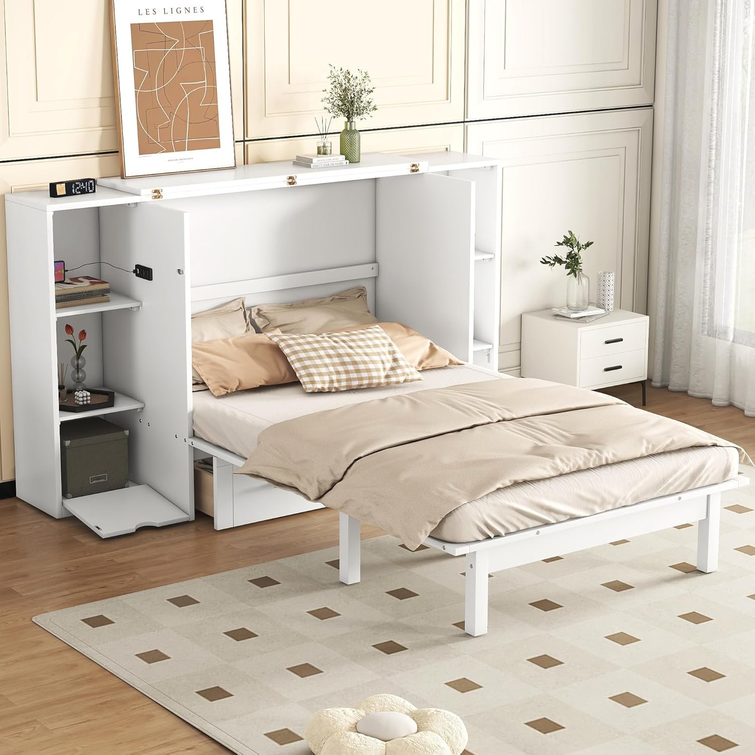 MERITLINE Queen Size Murphy Bed Wall Bed with Storage Drawer and a Set of Sockets  USB Ports, Space-Saving for Multipurpose Guest Room or Home Office, Gray