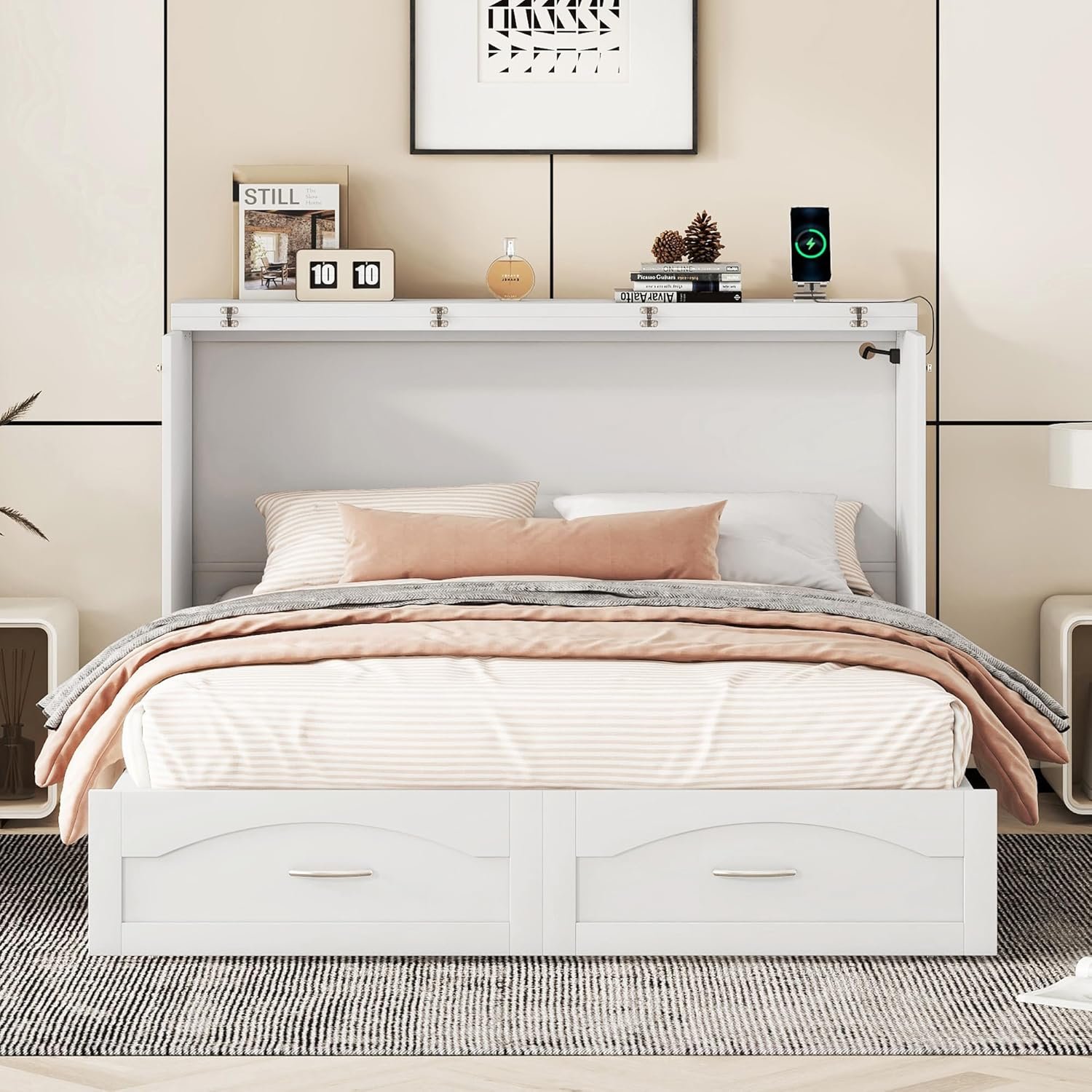 MERITLINE Queen Size Murphy Bed Wall Bed with Storage Drawer and a Set of Sockets  USB Ports, Space-Saving for Multipurpose Guest Room or Home Office, Gray