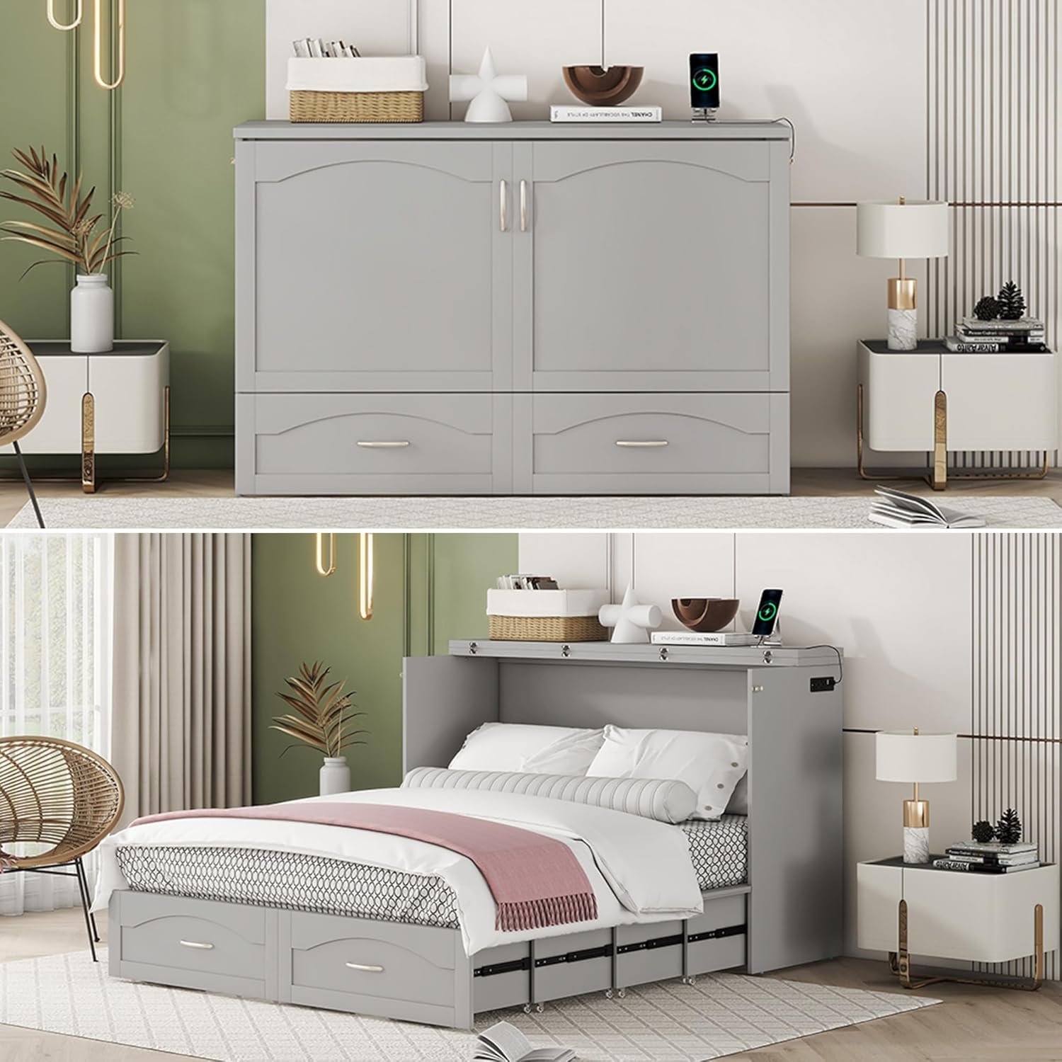 MERITLINE Queen Size Murphy Bed Wall Bed with Storage Drawer and a Set of Sockets  USB Ports, Space-Saving for Multipurpose Guest Room or Home Office, Gray