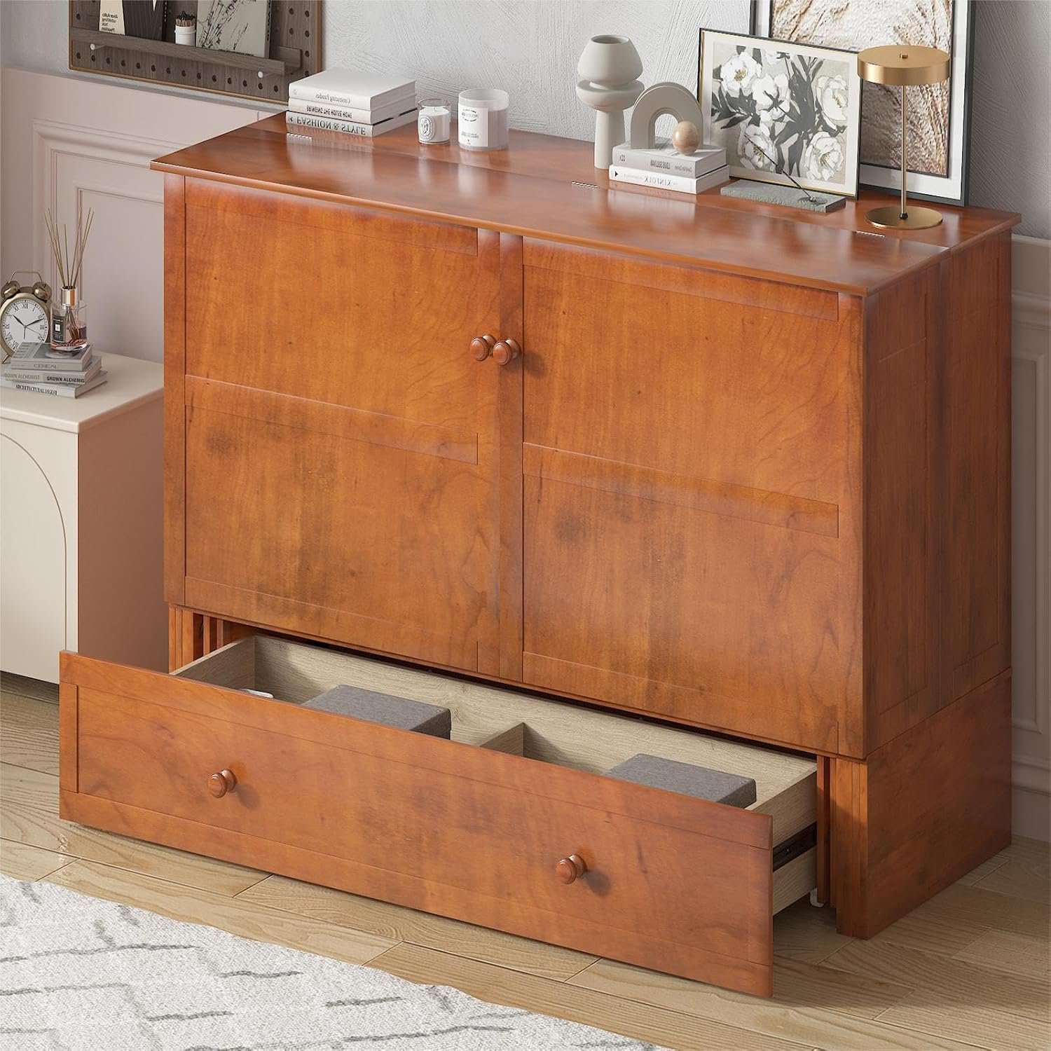 Mjkone Murphy Bed Cabinet with Built-in Charging Station for Guest Room, Home, Office