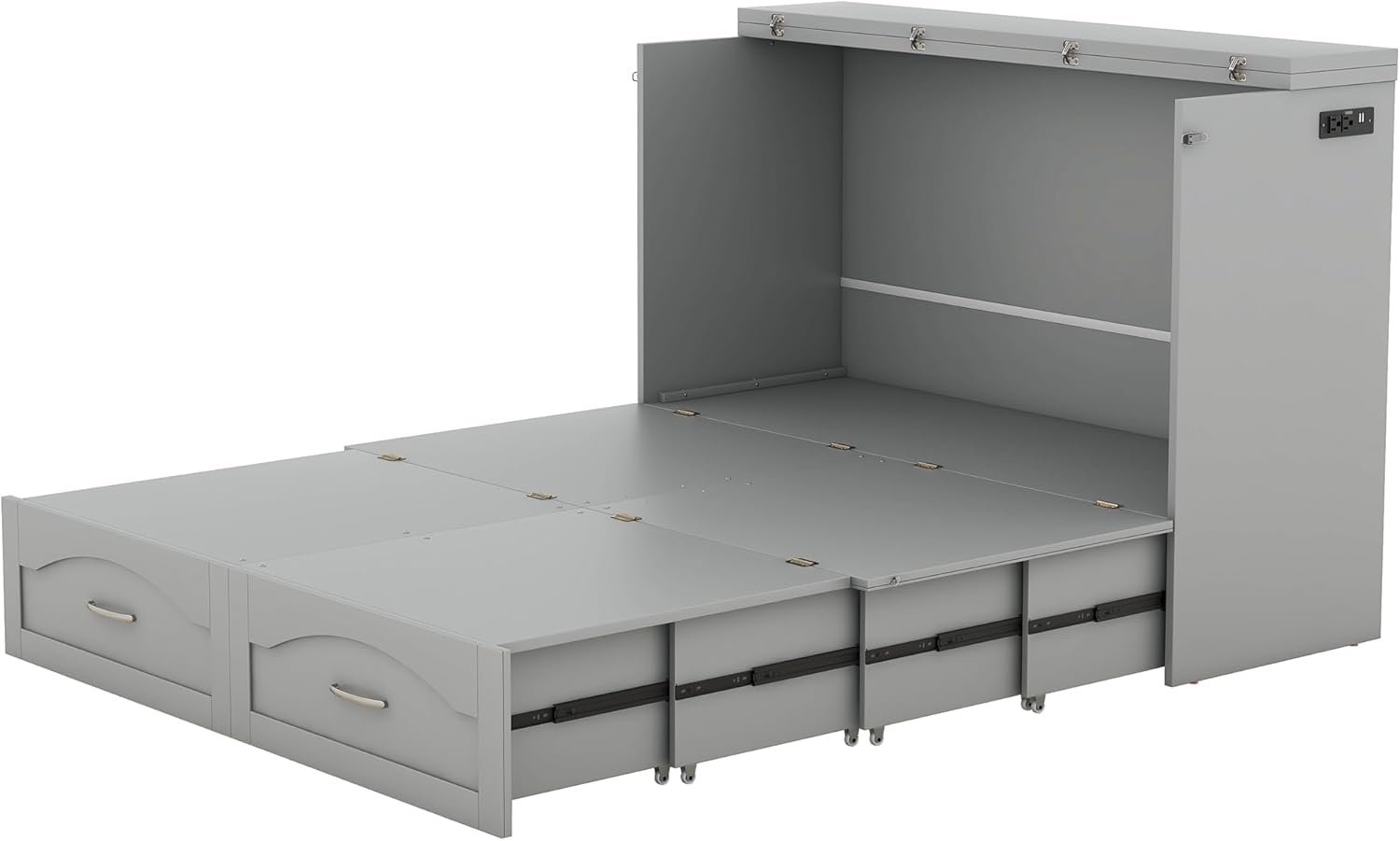 P PURLOVE Queen Murphy Bed, Wood Murphy Bed with USB Port and Large Drawer, Murphy Bed Frame with Slatted, No Box Spring Needed (Gray)