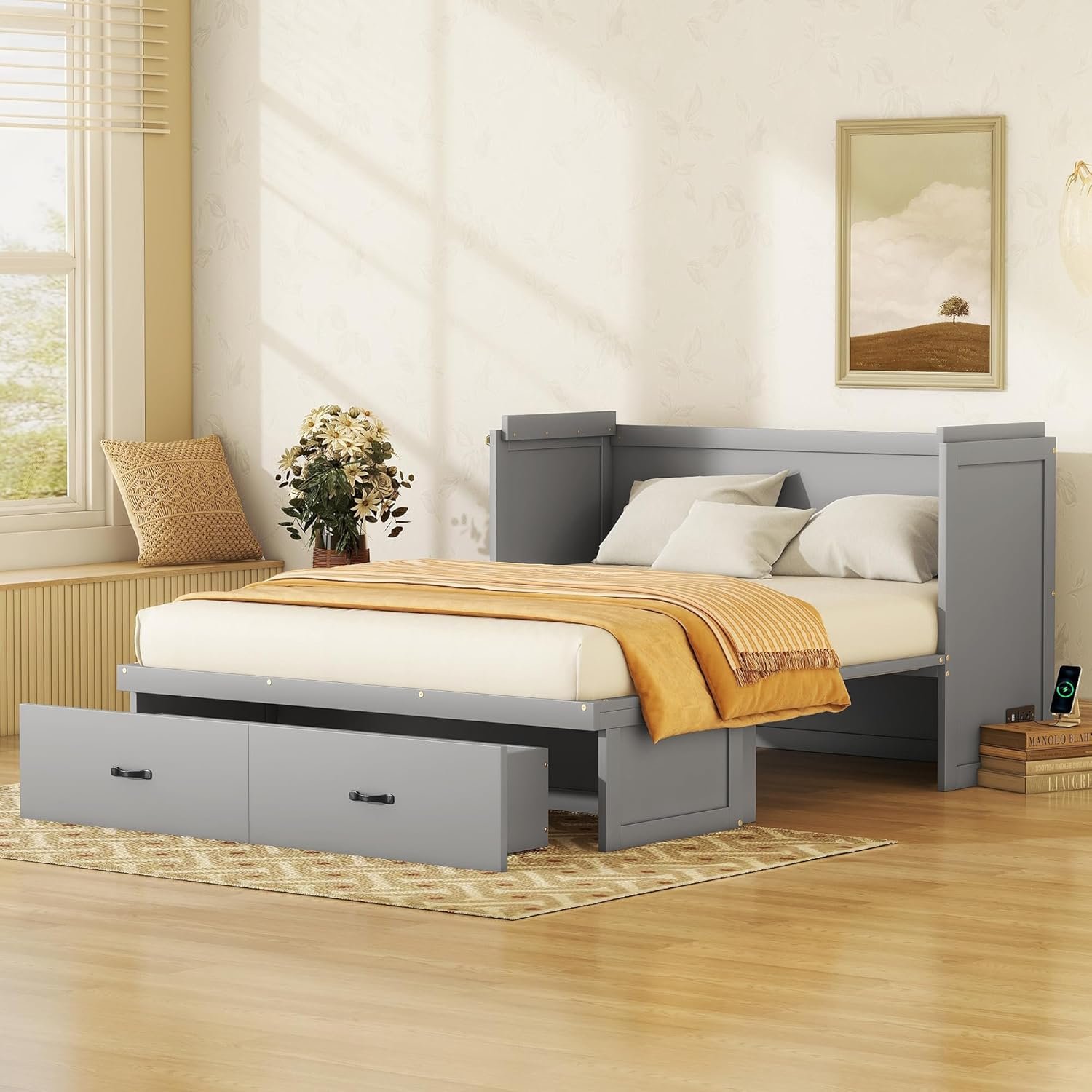 P PURLOVE Queen Murphy Bed, Wood Murphy Bed with USB Port and Large Drawer, Murphy Bed Frame with Slatted, No Box Spring Needed (Gray)