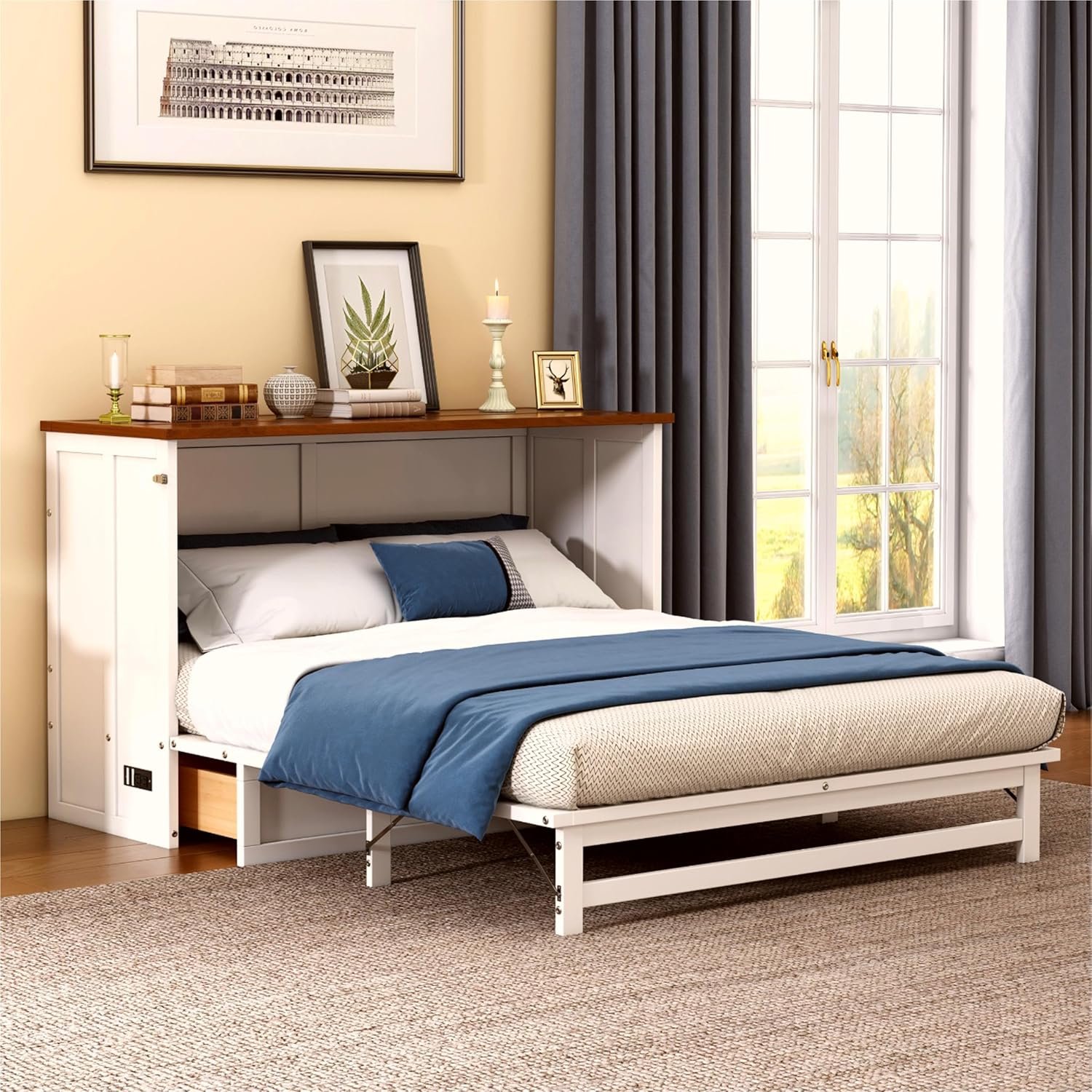 Quarte Multifunctional Queen Size Murphy Bed with USB Port and Removable Shelves on Each Side,Solid Wood Storage Bed for Small Spaces Apartments Studio (White/Murphy11)