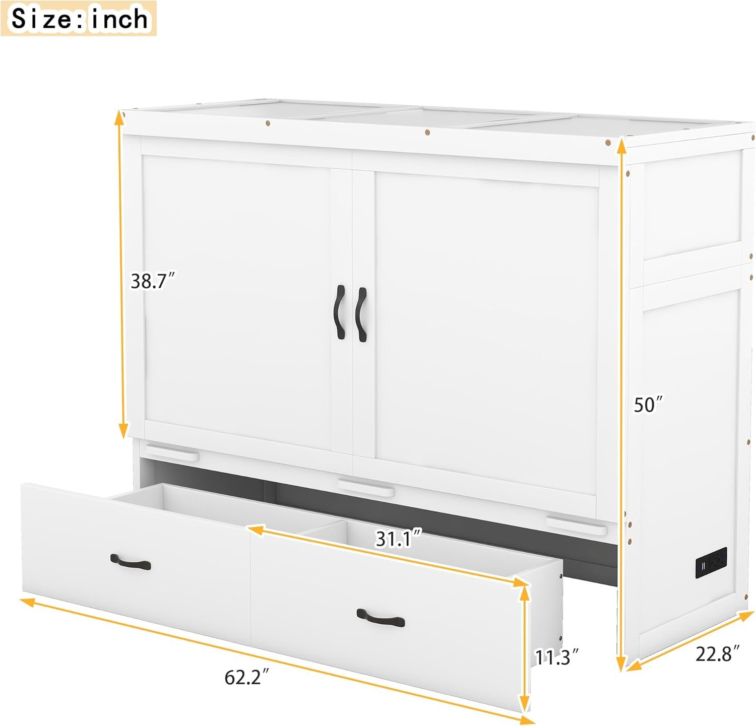 Queen Size Murphy Bed and Storage Drawers and USB Port, Space-Saving Wall Bed with Storage,Murphy Bed for Living Room