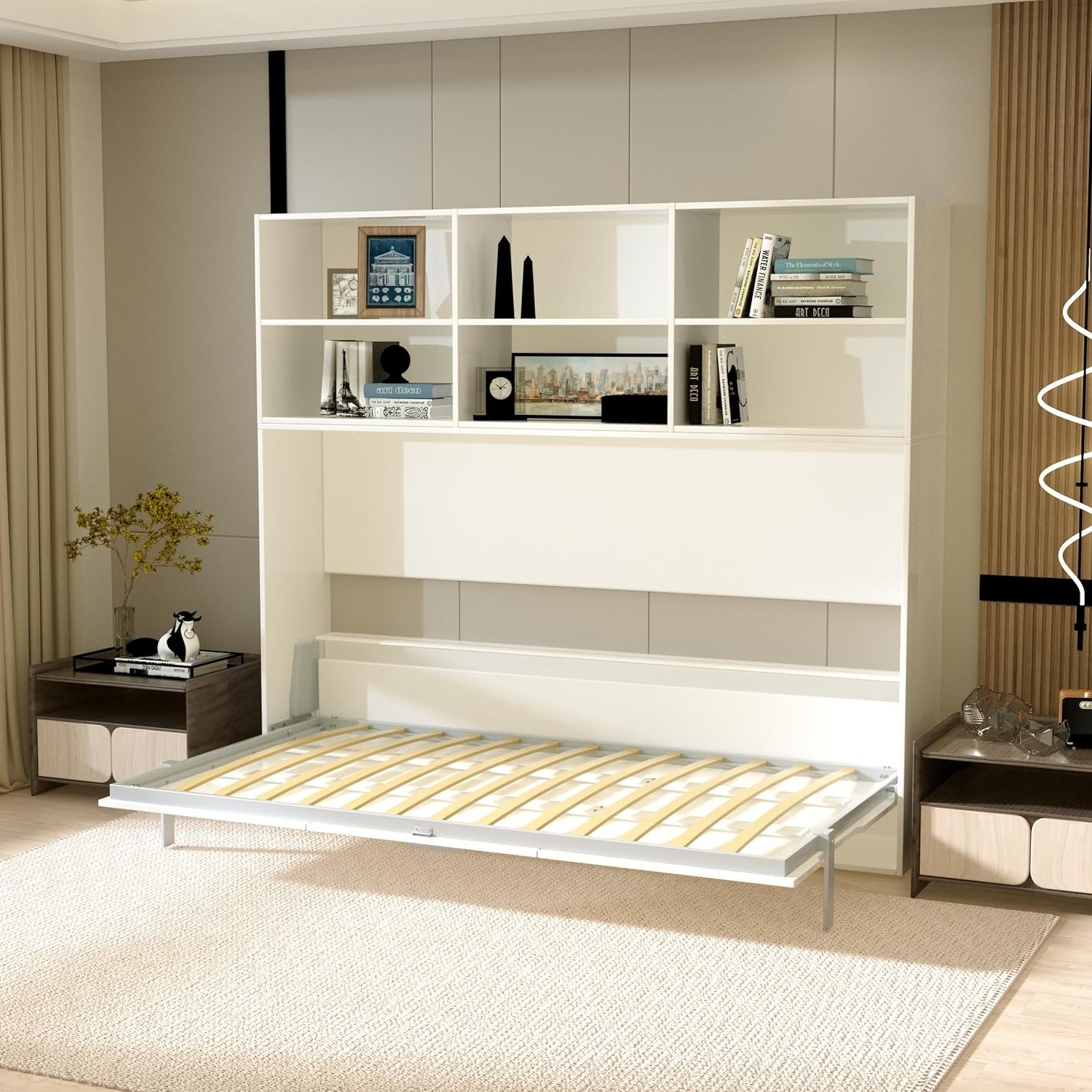 WOXYX Twin Size Horizontal Murphy Bed with Shelf Storage, Mordern Design Multifunctional Foldable Platform Bedframe Gas Struts,White