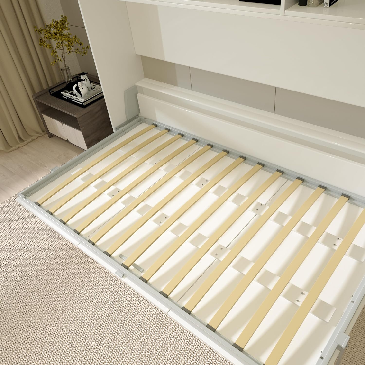 WOXYX Twin Size Horizontal Murphy Bed with Shelf Storage, Mordern Design Multifunctional Foldable Platform Bedframe Gas Struts,White