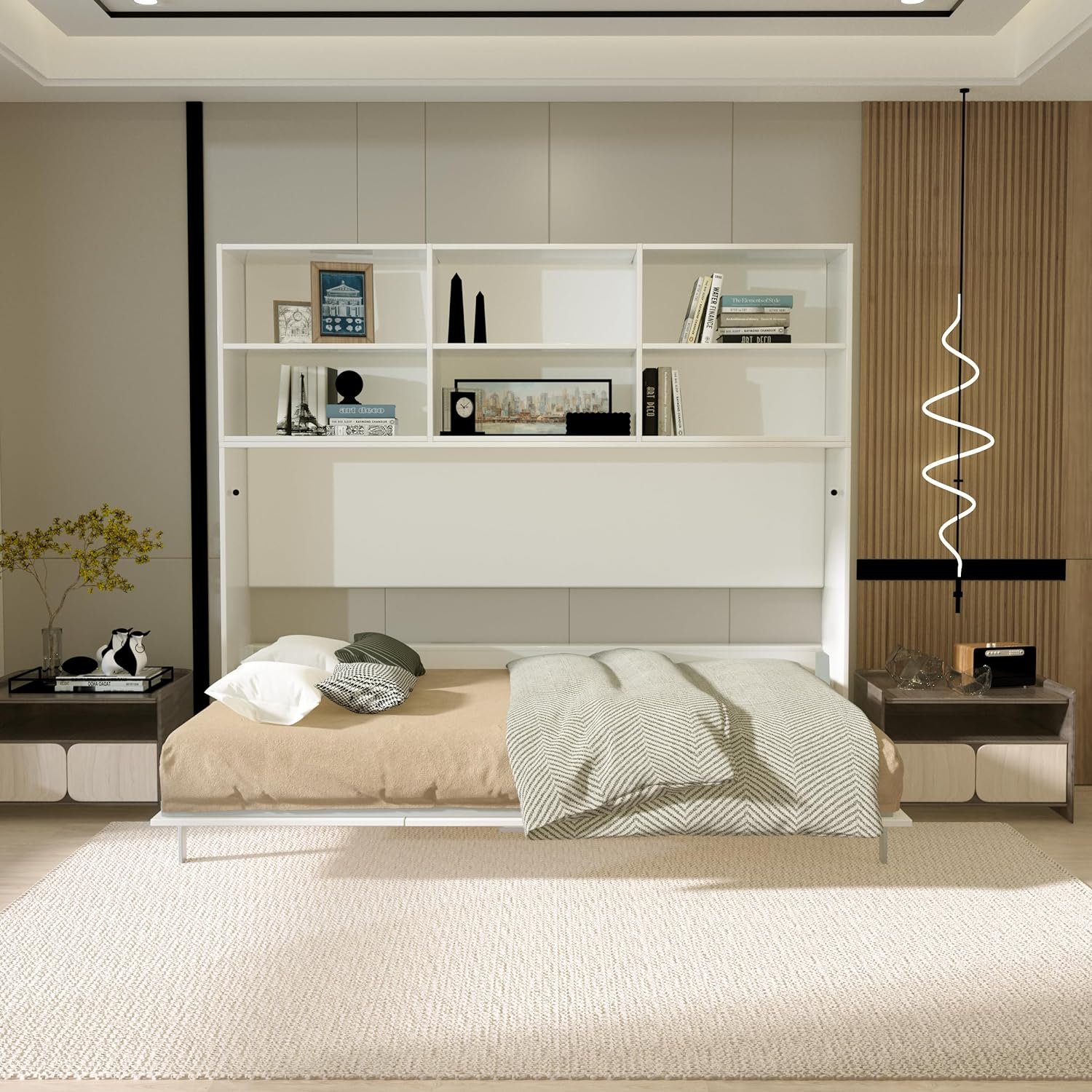WOXYX Twin Size Horizontal Murphy Bed with Shelf Storage, Mordern Design Multifunctional Foldable Platform Bedframe Gas Struts,White