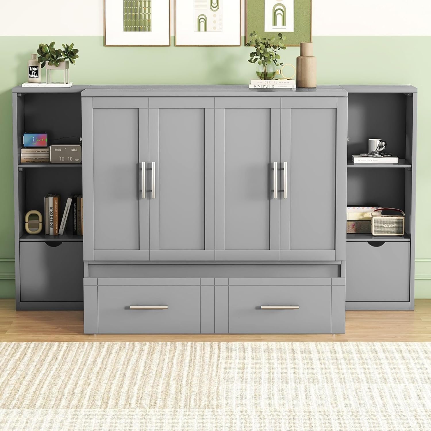 Full Murphy Bed Chest with Storage Drawer and Charging Station,Foldable Cube Cabinet Platform Bed,White+Walnut