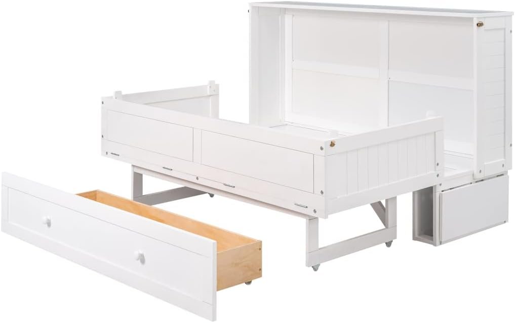 Full Murphy Bed Chest with Storage Drawer and Charging Station,Foldable Cube Cabinet Platform Bed,White+Walnut
