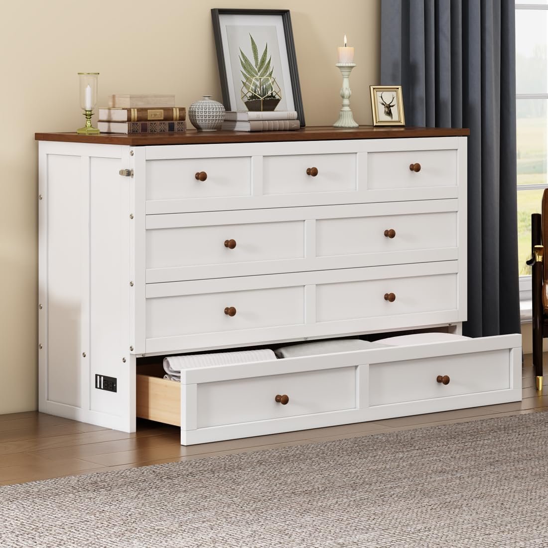 Full Murphy Bed Chest with Storage Drawer and Charging Station,Foldable Cube Cabinet Platform Bed,White+Walnut
