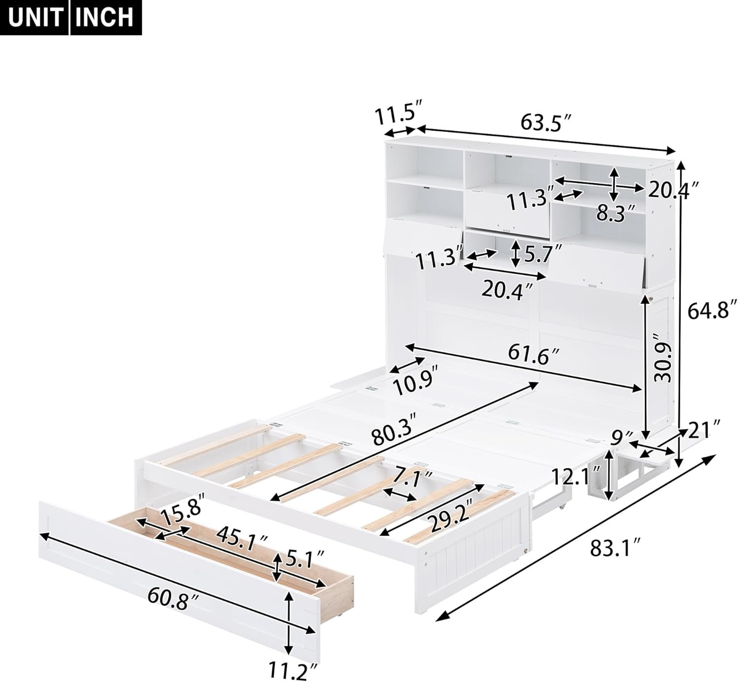 GINGVAT Queen Size Murphy Bed with Bookcase and Bedside Shelves,Foldable Wood Bed Frame with Big Drawer,No Spring Box Needed,for Bedroom,Apartment,Dorm,White