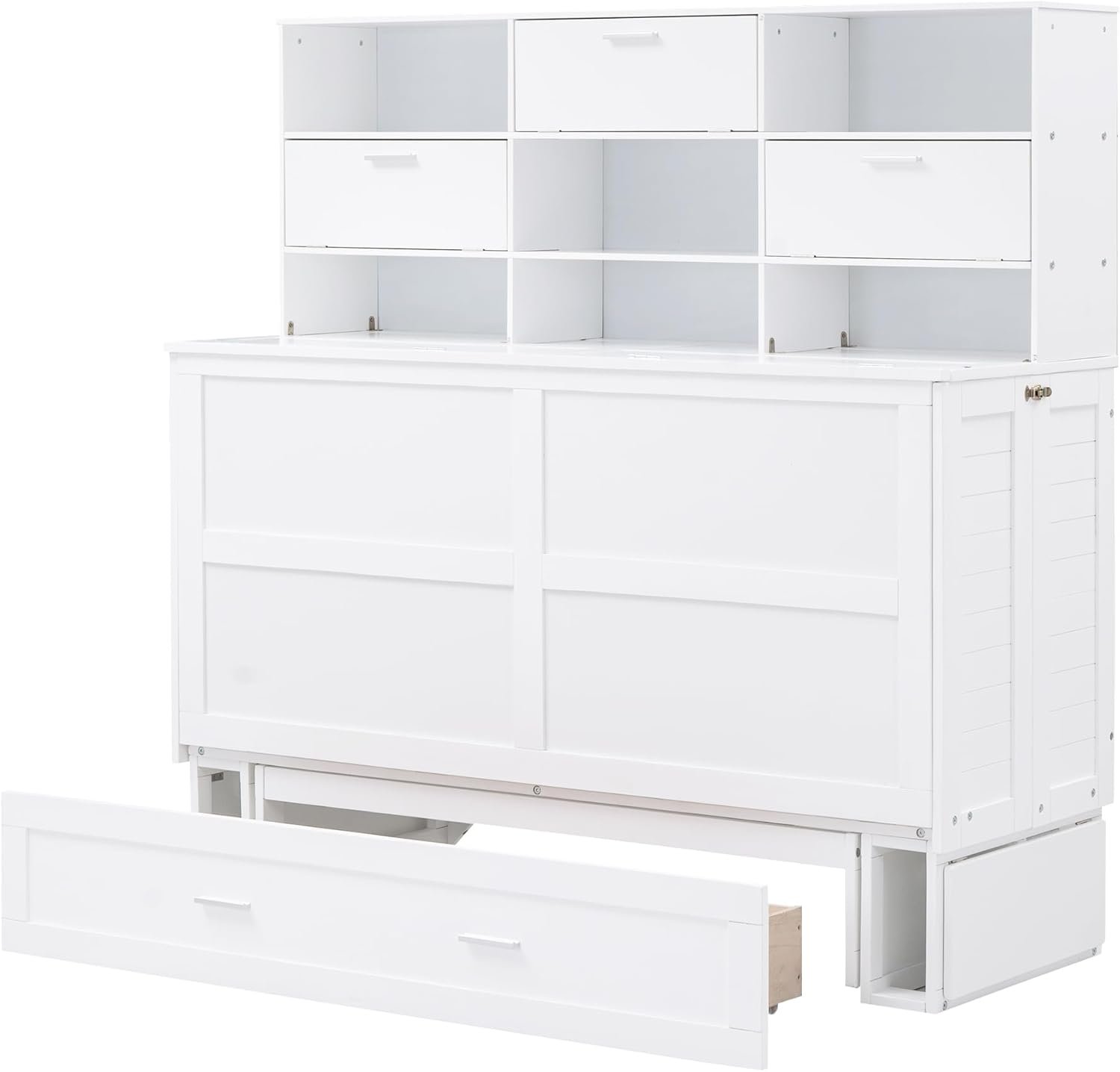 GINGVAT Queen Size Murphy Bed with Bookcase and Bedside Shelves,Foldable Wood Bed Frame with Big Drawer,No Spring Box Needed,for Bedroom,Apartment,Dorm,White