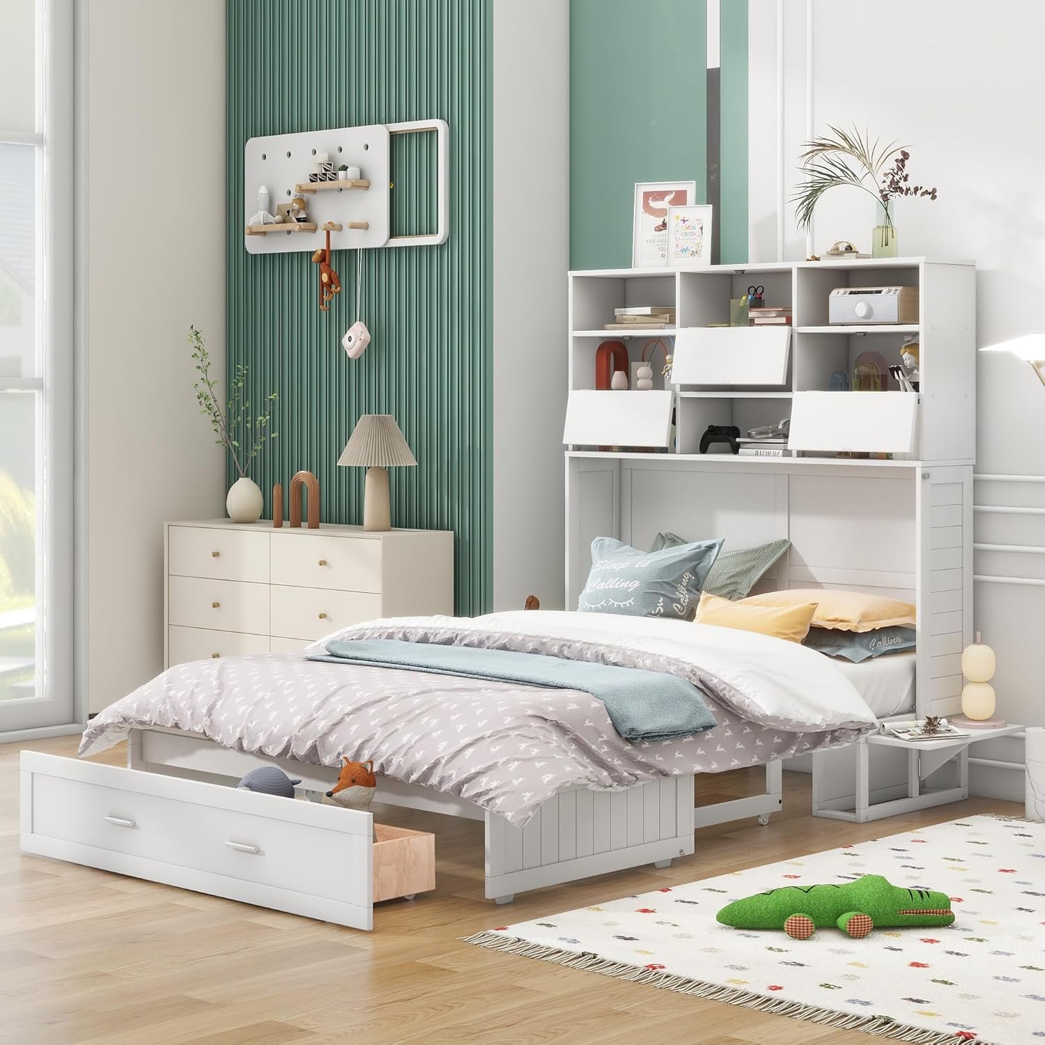 GINGVAT Queen Size Murphy Bed with Bookcase and Bedside Shelves,Foldable Wood Bed Frame with Big Drawer,No Spring Box Needed,for Bedroom,Apartment,Dorm,White