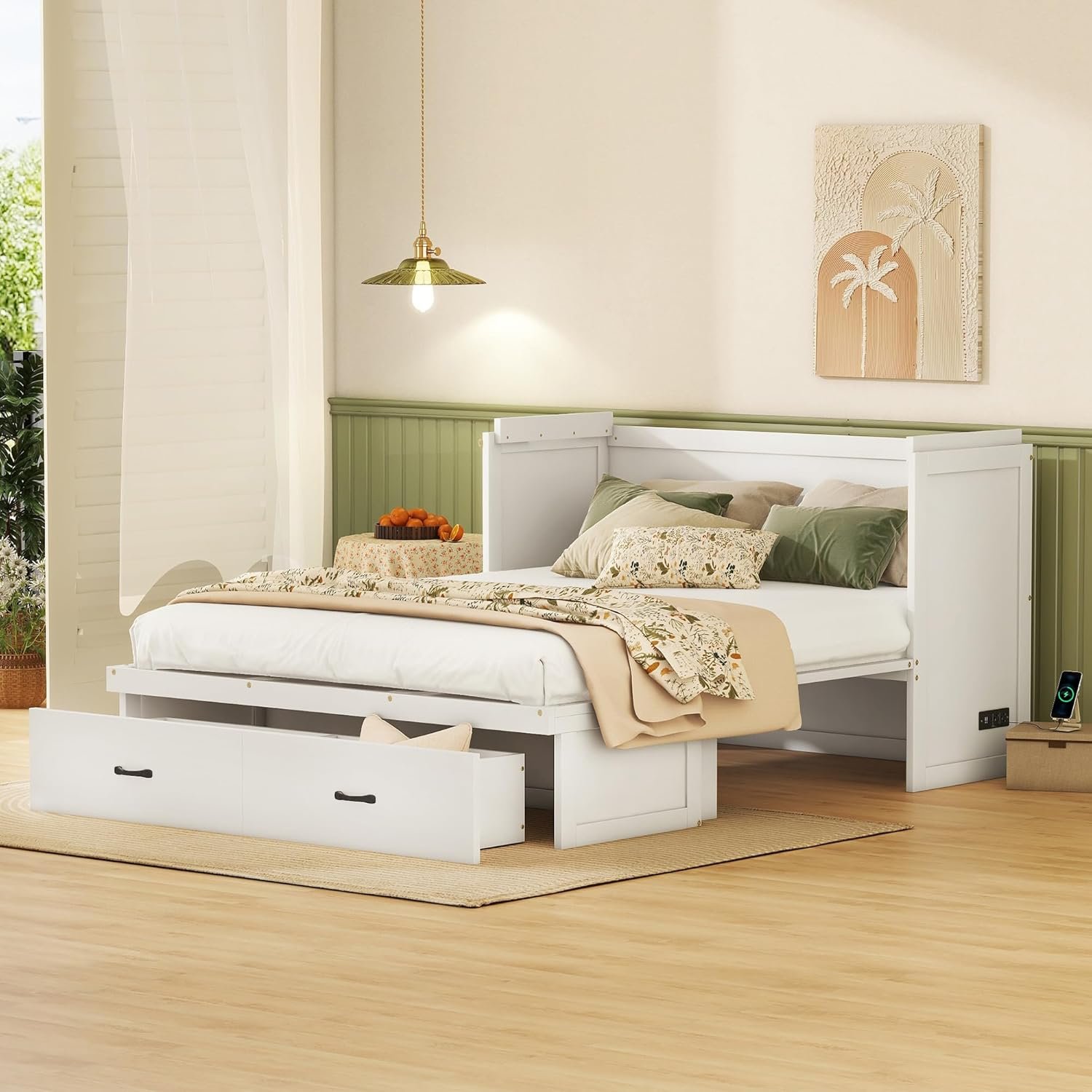 Modern Queen Size Murphy Bed with USB Port and a Large Storage Drawer, Solid Wood Cube Cabinet Bed for Bedrooms, Apartments, Guest Rooms, Offices (White/Murphy Bed2)