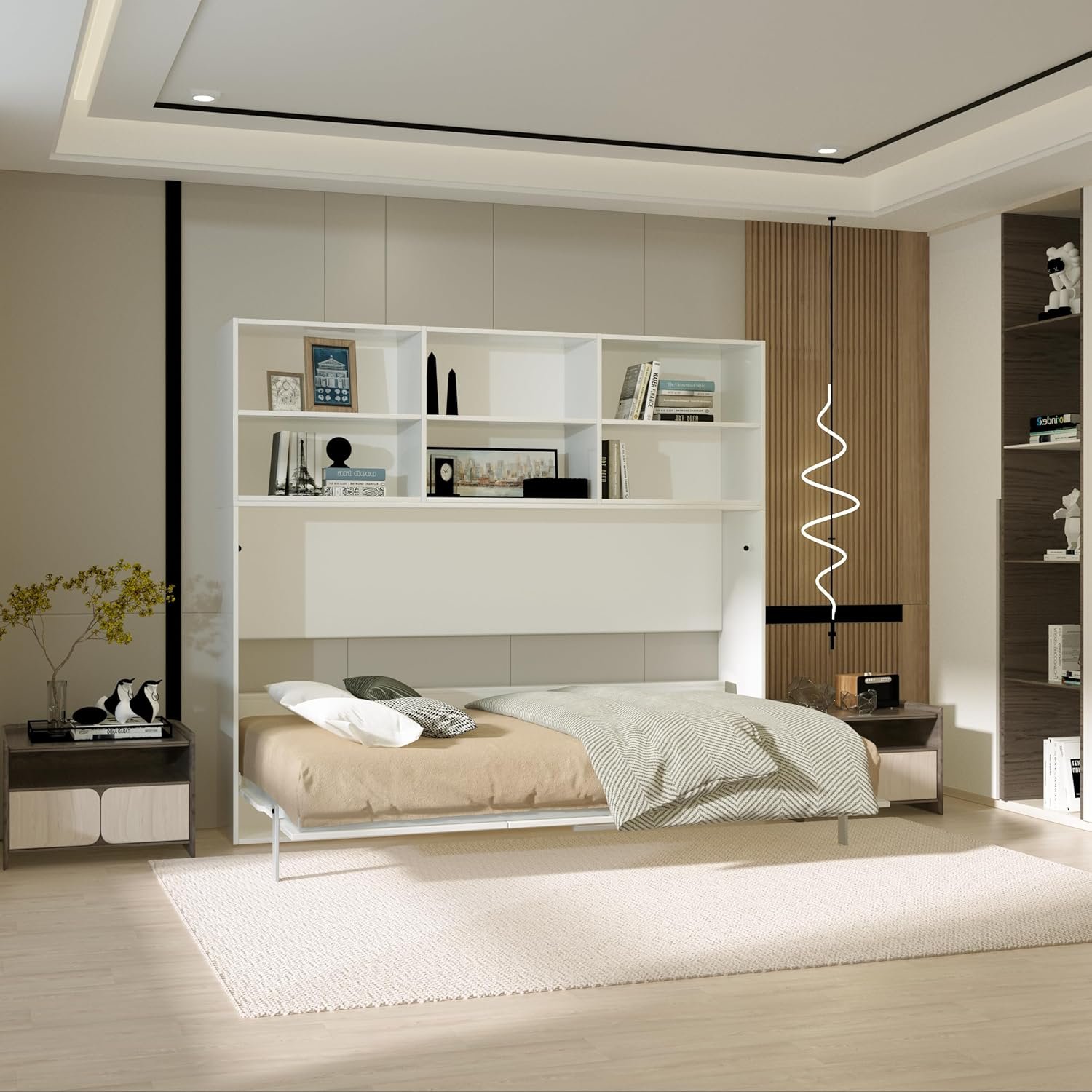 Mordern Design Twin Size Horizontal Murphy Bed with Shelf Storage for Bedroom or Guestroom White Wall Bed Space Saving Hidden Bed Gas Struts, White