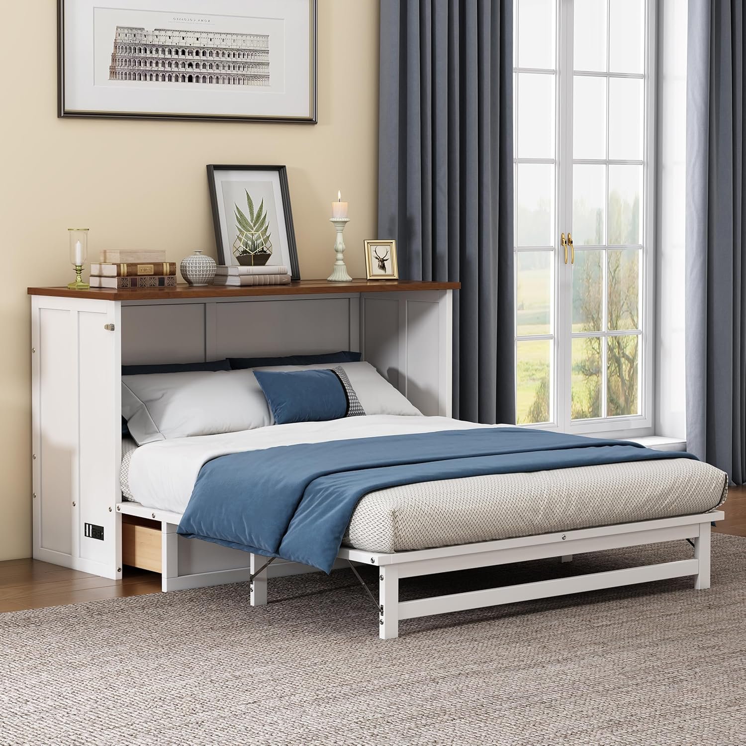Quarte Full Size Murphy Bed with Charging Station and Large Storage Drawer, Muti-Functional Cabinet Bed Chest for Home Office or Small Room
