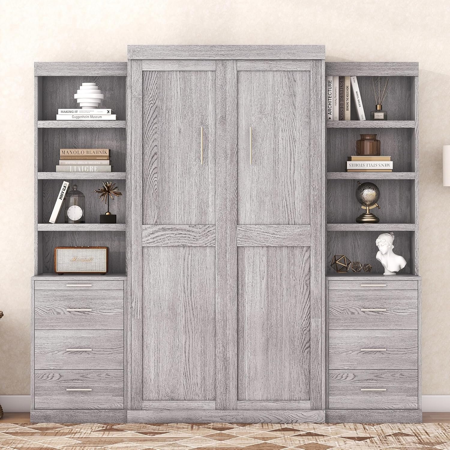 WOXYX Twin Size Murphy Cabinet Bed with Storage Shelves and Six Drawers Can be Folded into a Cabinet,Grey