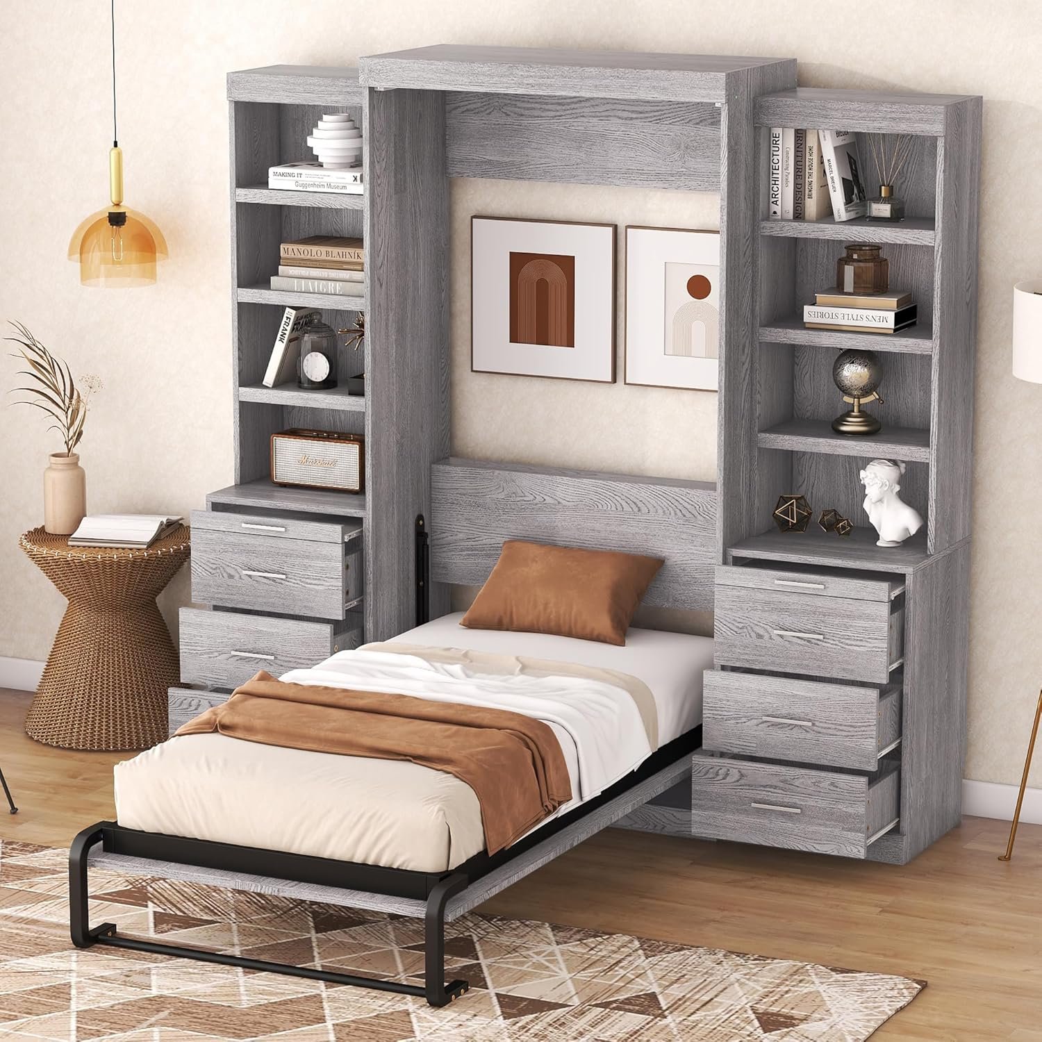 WOXYX Twin Size Murphy Cabinet Bed with Storage Shelves and Six Drawers Can be Folded into a Cabinet,Grey