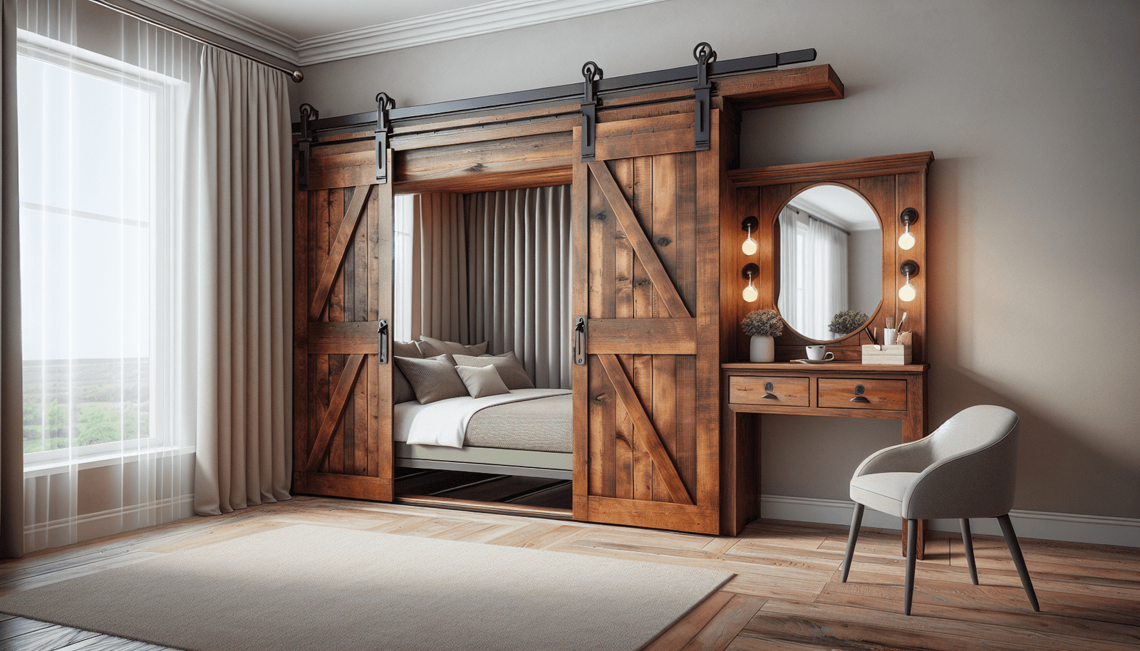 Barn Door Murphy Bed with Stay Level Vanity