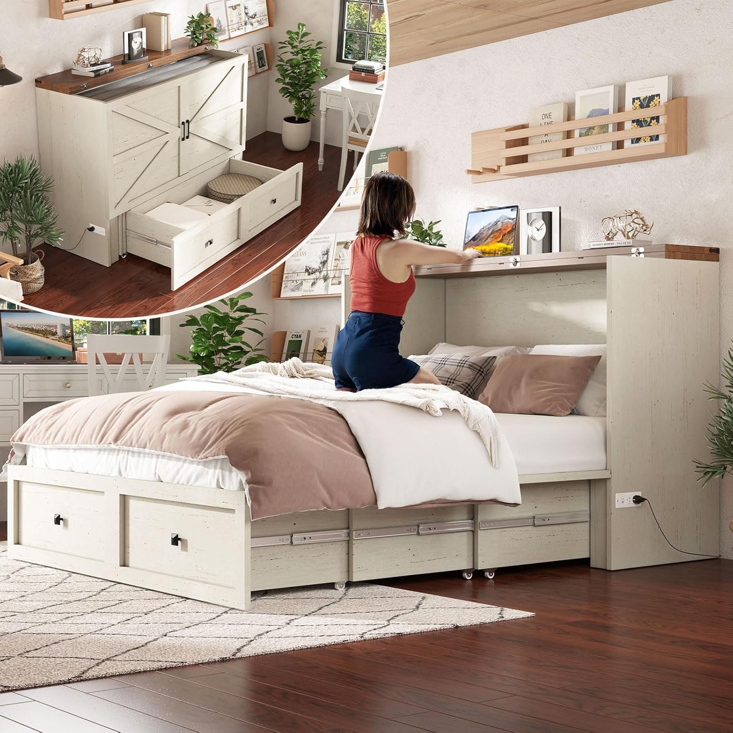AMERLIFE Queen Murphy Bed with Storage  Charging Station, Farmhouse Murphy Cabinet with Foldable Panel, Noisy Free, for Guest Bedroom, Living Room, Office, Distressed White  Barnwood