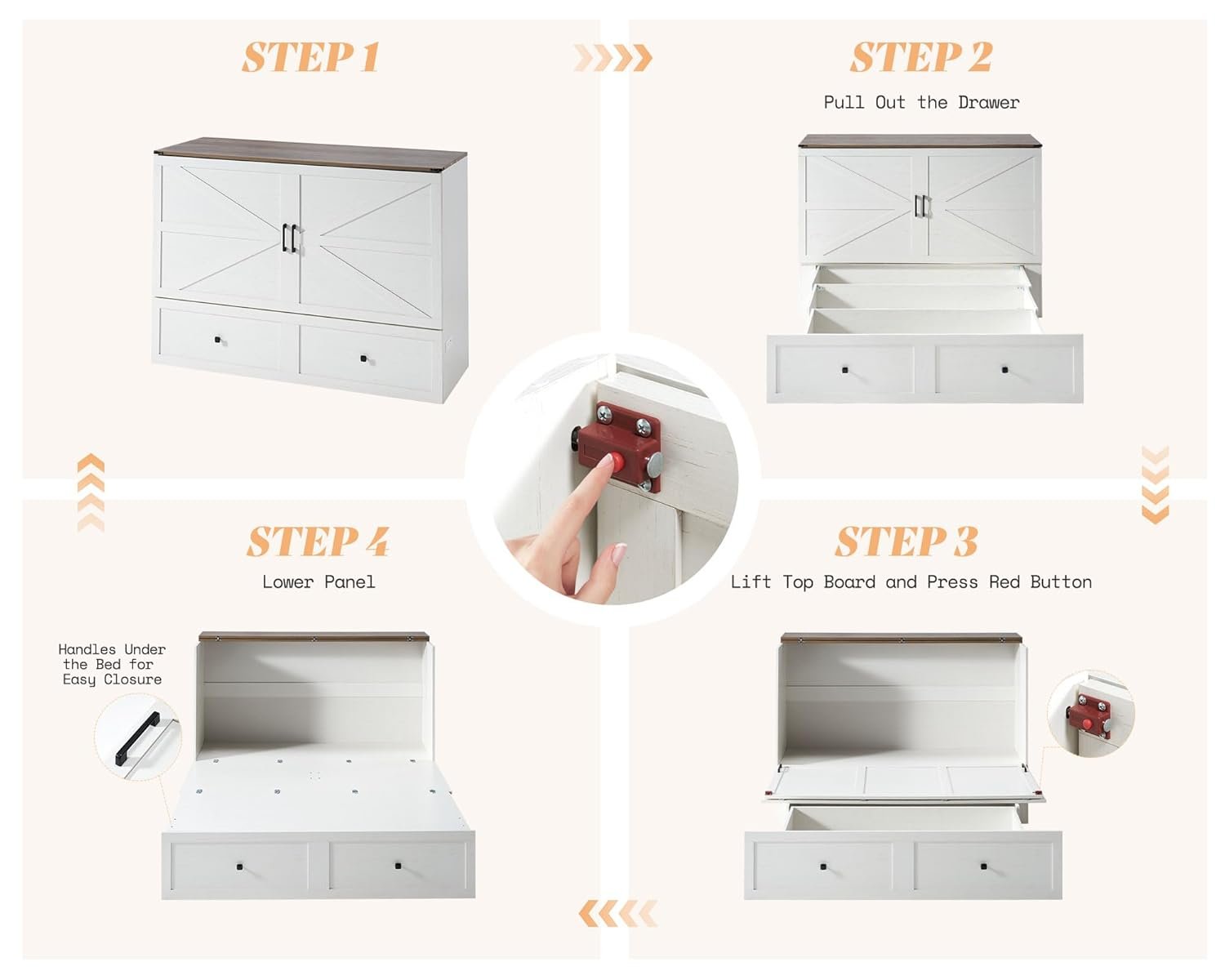 AMERLIFE Queen Murphy Bed with Storage  Charging Station, Farmhouse Murphy Cabinet with Foldable Panel, Noisy Free, for Guest Bedroom, Living Room, Office, Distressed White  Barnwood