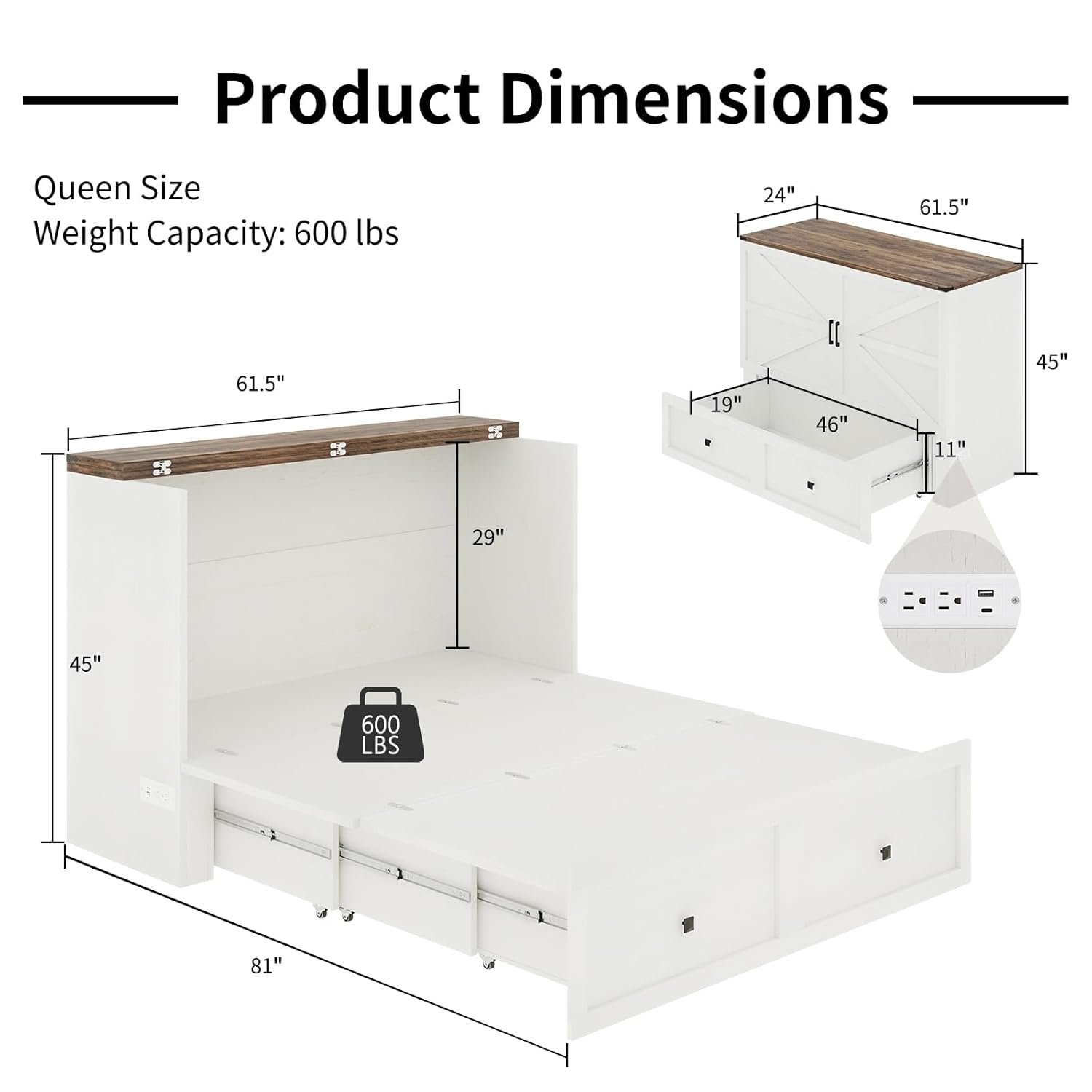 Murphy Bed with Charging Station, Queen Size Cabinet Bed with Large Storage Drawer for Home Office or Small Room, Hideaway Full Foldable Platform Bed, Barnwood+White