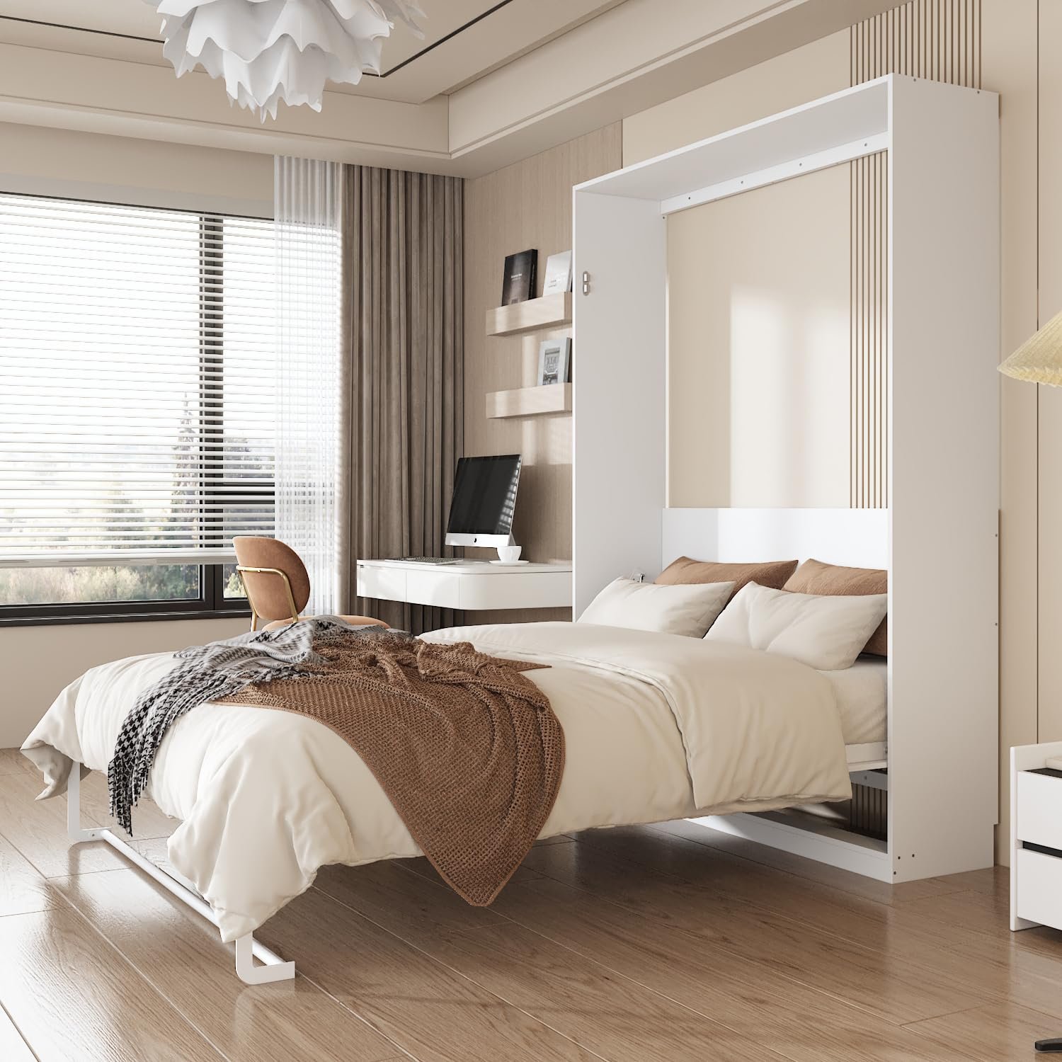 WOODTIME 2-in-1 Queen Size Murphy Bed Frame, Modern Foldable Cabinet Platform Bedframe, Metal Slat Support, Space-Saving, No Box Spring Needed, White, 86.8 L x 64.6 W x 85.6 H